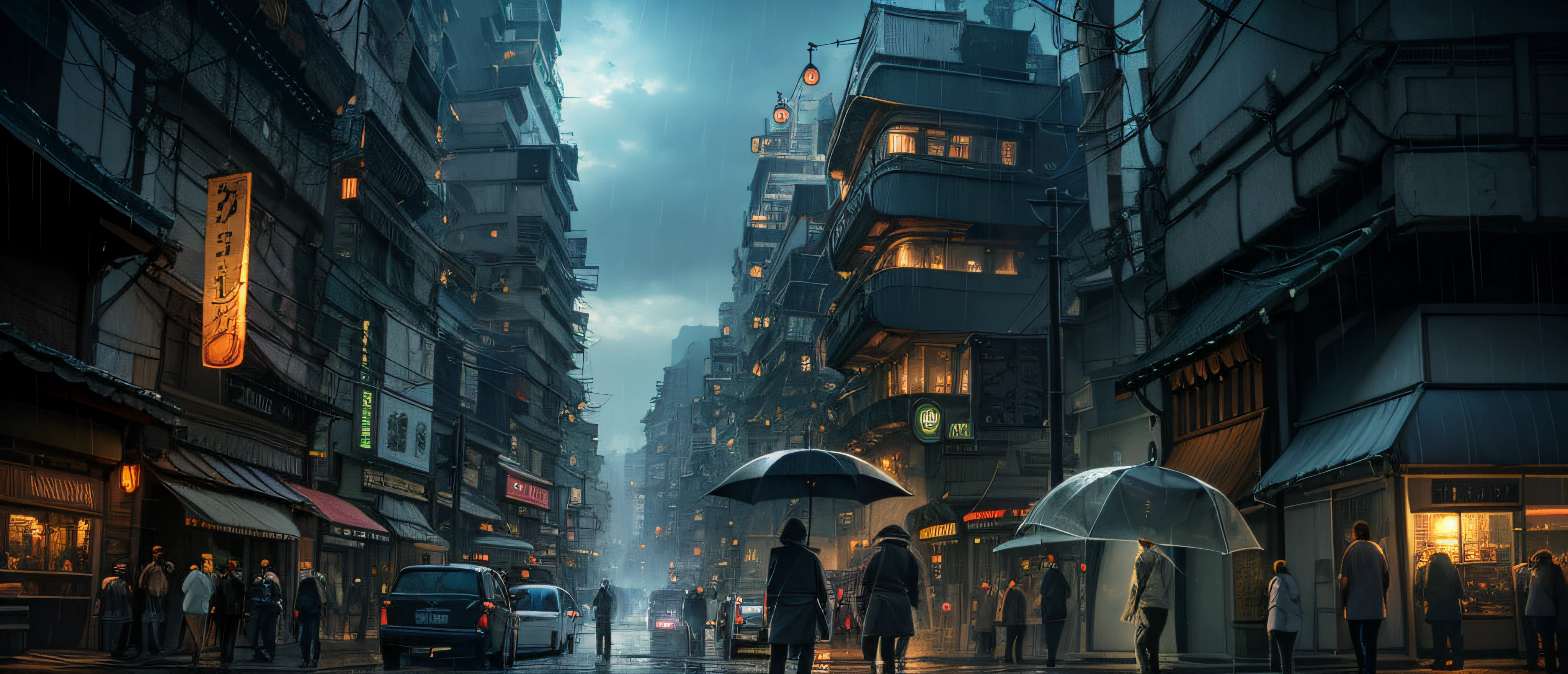 jpn、Urban design of Sidmead、Low-rise buildings、the chaos、Complex and high-definition、bladerunner、Ridley Scott's visual expression、Futuristic cities、nightscape、rainy day、Walking people々