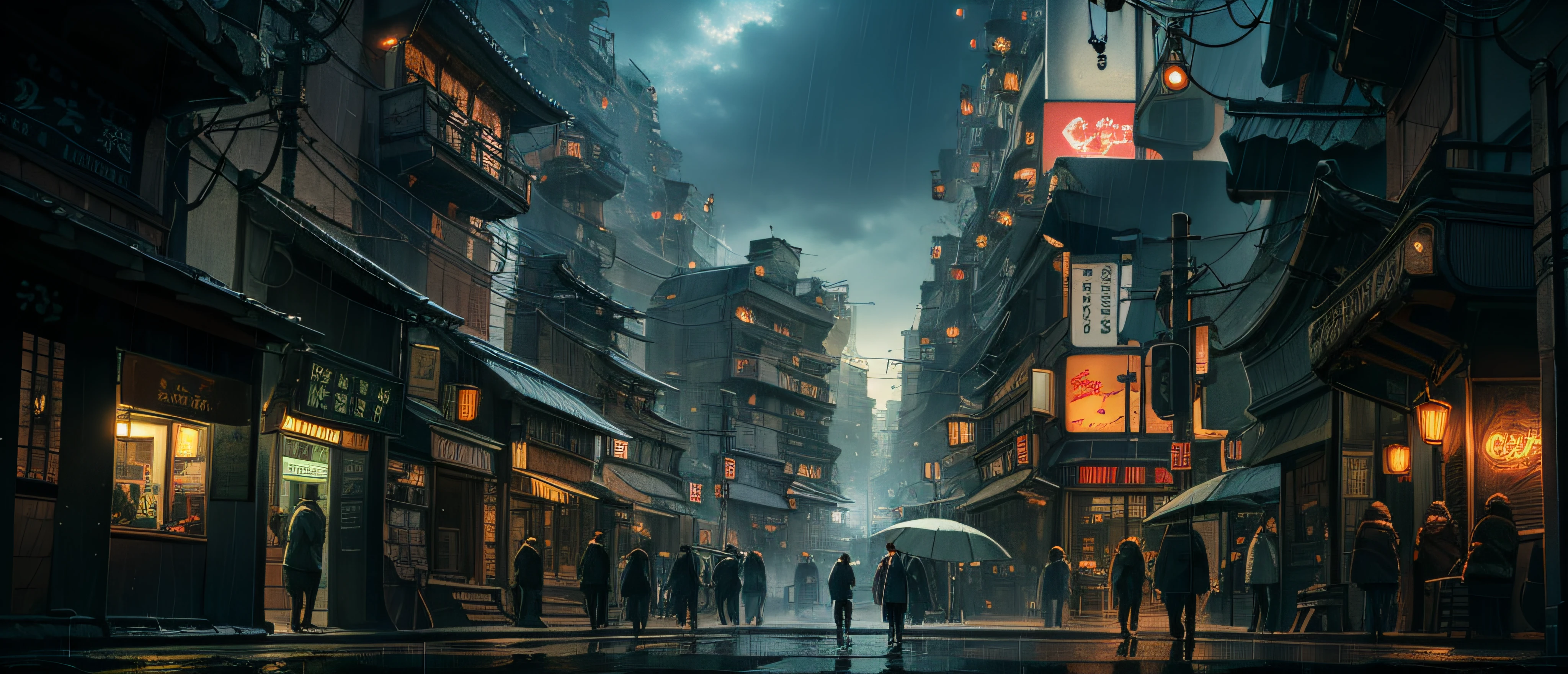 jpn、Urban design of Sidmead、Low-rise buildings、the chaos、Complex and high-definition、bladerunner、Ridley Scott's visual expression、Futuristic cities、nightscape、rainy day、Walking people々