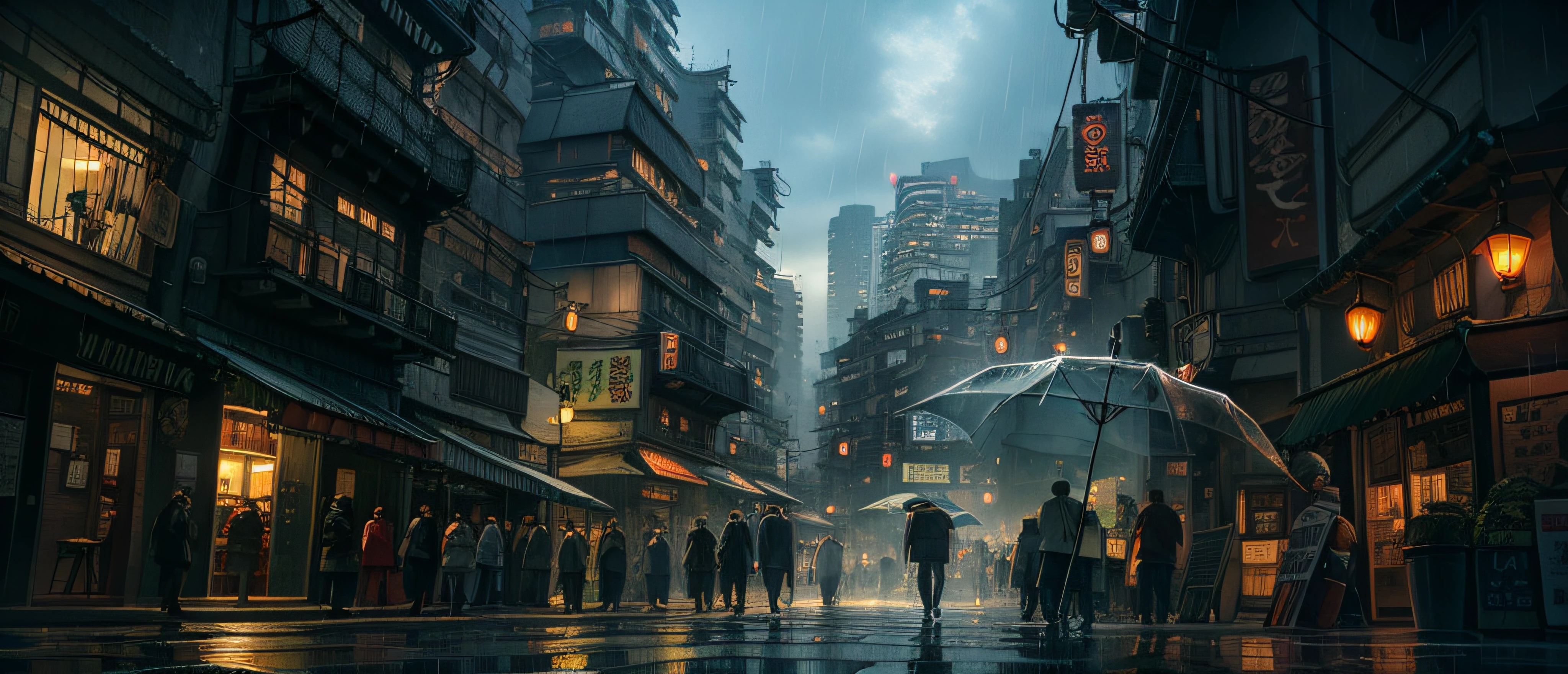 jpn、Urban design of Sidmead、Low-rise buildings、the chaos、Complex and high-definition、bladerunner、Ridley Scott's visual expression、Futuristic cities、nightscape、rainy day、Walking people々