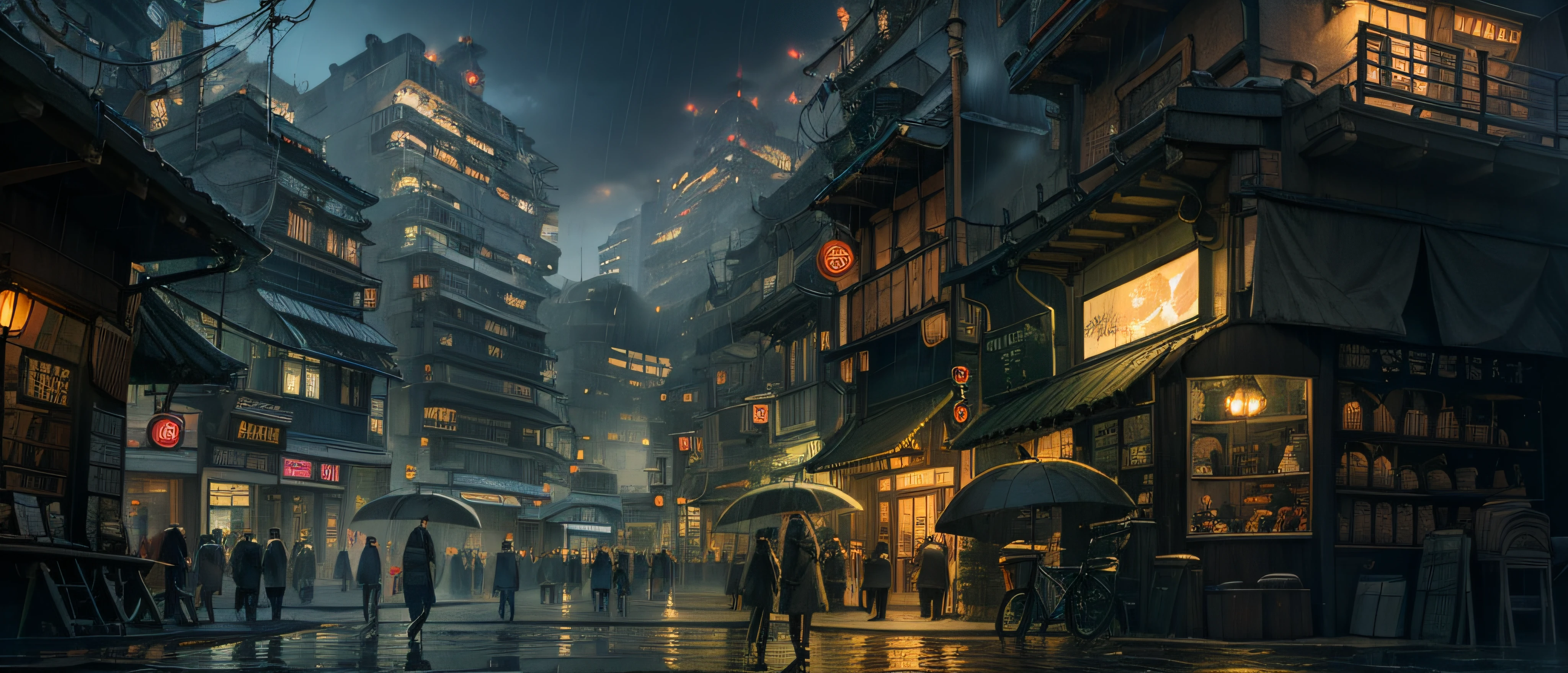 jpn、Urban design of Sidmead、Low-rise buildings、the chaos、Complex and high-definition、bladerunner、Ridley Scott's visual expression、Futuristic cities、nightscape、rainy day、Walking people々