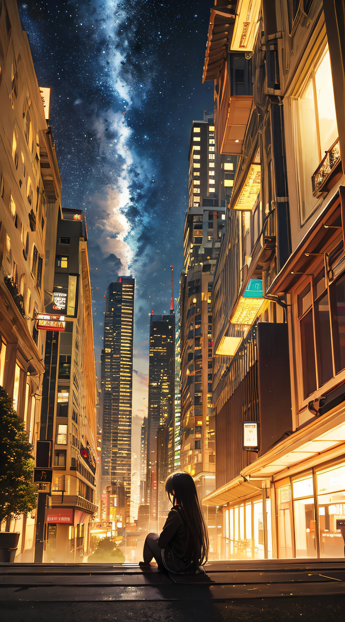 octans, sky, star (sky), scenery, starry sky, night, 1girl, night sky, solo, outdoors, building, cloud, milky way, sitting, tree, long hair, city, silhouette, cityscape