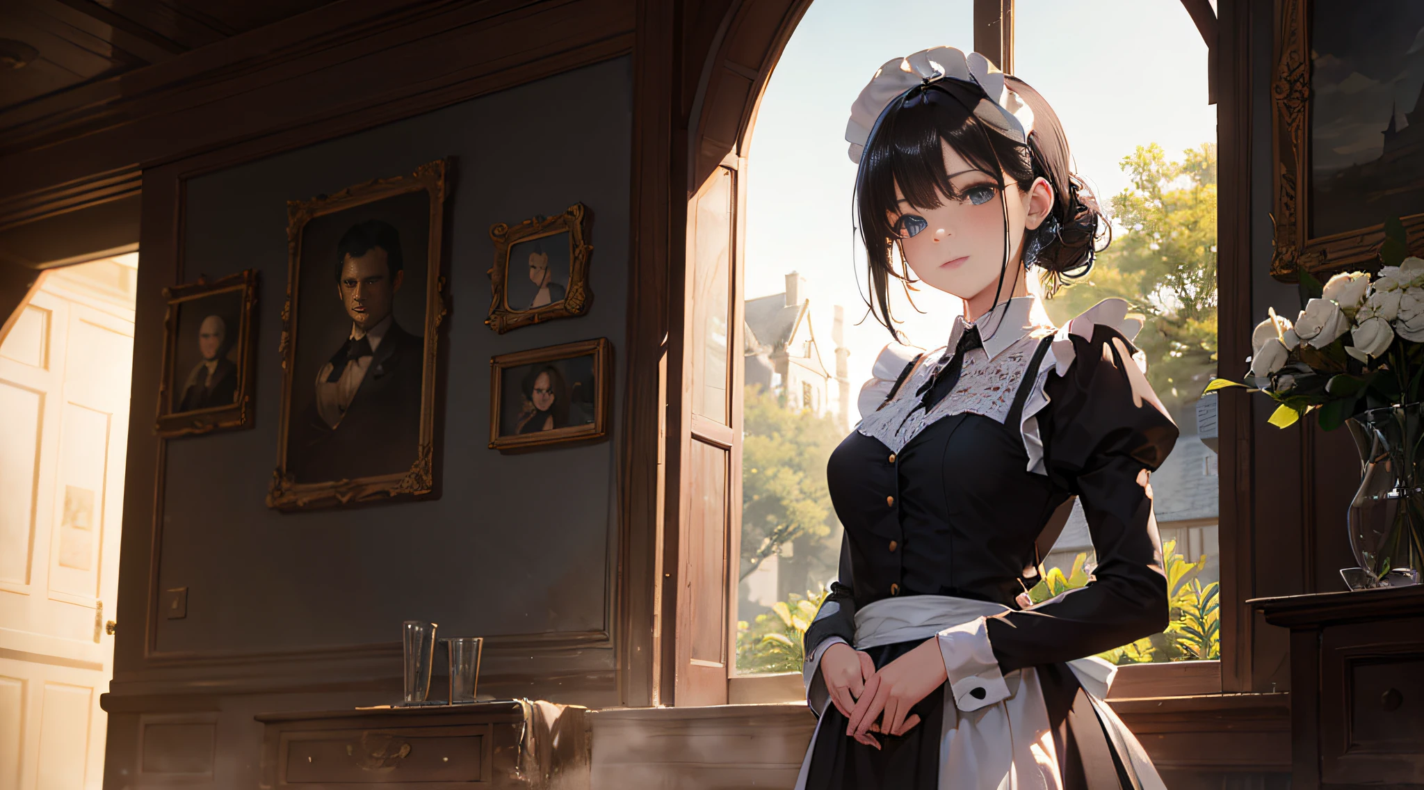 A stunning photograph of a girl in sexy maid outfit, beautiful eyes, detailed eyes, detailed face, standing in an old manor, captured in a naturalistic style by photographers Sam Yang and Ross Tran. The scene is highly-detailed, with intricate textures on the lady's clothing and sharp focus on the surrounding buildings. The lighting is bright and optimistic, with the sunlight creating a warm glow and a sense of hope and positivity,