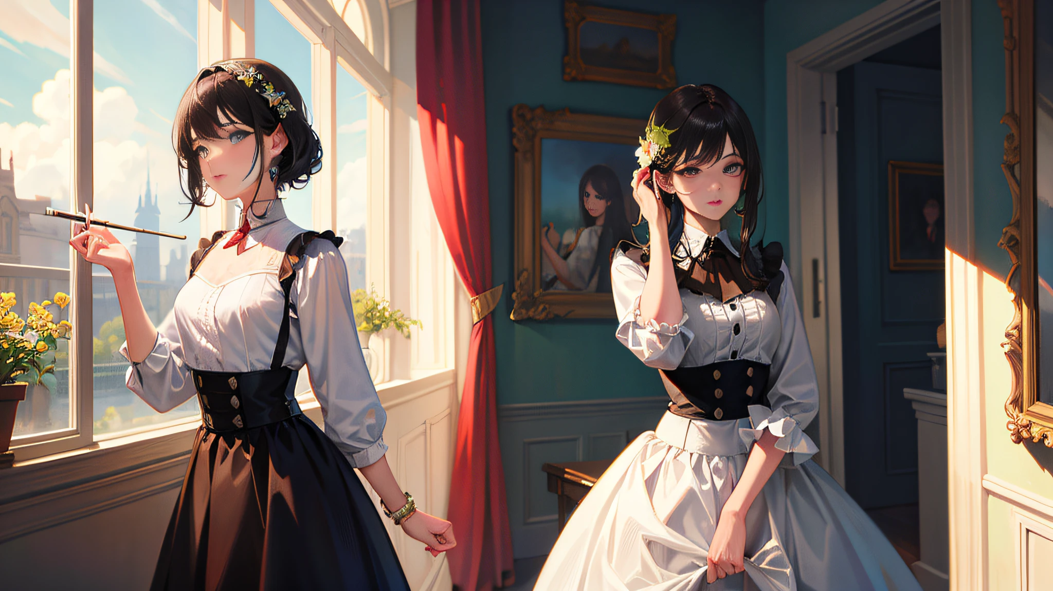 A stunning photograph of a girl in sexy maid outfit, beautiful eyes, detailed eyes, detailed face, standing in an old manor, captured in a naturalistic style by photographers Sam Yang and Ross Tran. The scene is highly-detailed, with intricate textures on the lady's clothing and sharp focus on the surrounding buildings. The lighting is bright and optimistic, with the sunlight creating a warm glow and a sense of hope and positivity,