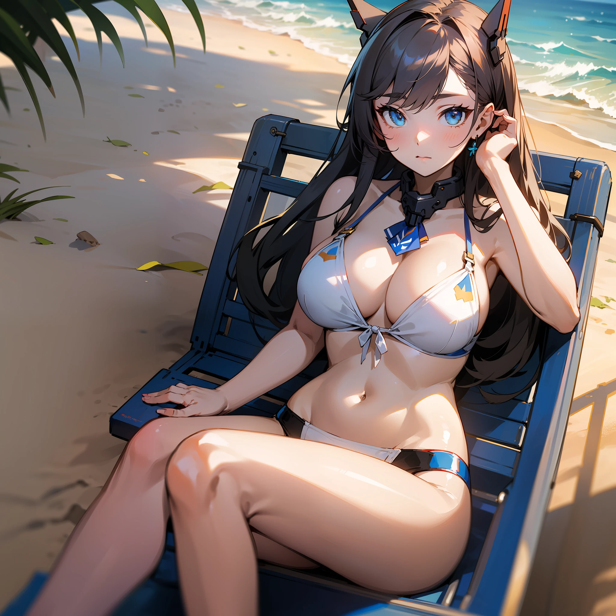 (masterpiece, best quality), (detailed and beautiful eyes), (detailed eyes and detailed face), (beautiful and clear background), (extremely detailed CG, super detailed, best shadows), (( depth of field)), beautiful conceptual illustration, (illustration), (extremely delicate and beautiful), (perfect detail) anime characters sitting on a beach chair with a backdrop of a beach, a screenshot by Kamagurka, pixiv, process art, azur lane style, from the azur lane videogame, kantai collection style, visual novel cg, characters from azur lane, azure ocean, realistic bikini, beaching, pc screenshot, girls frontline style, kantai collection arcade