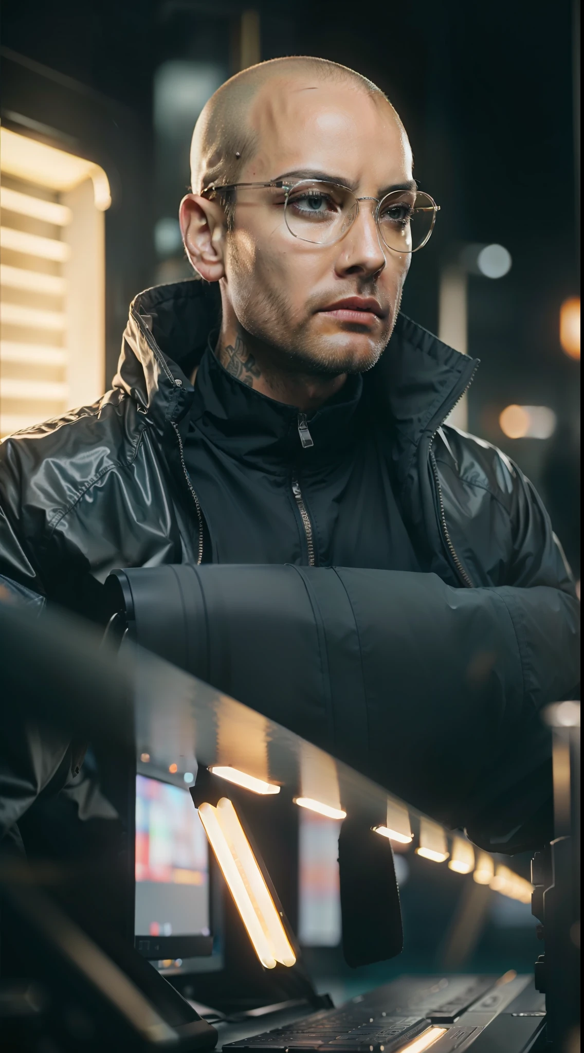 (8k, ARTISTIC photography, best quality, masterpiece: 1.2), (realistic, photorealistic: 1.37), over-detailed, (high-detail skin: 1.2),  8k uhd, SLR camera, soft lighting, high quality, film grain, Fujifilm XT3, cinematic lighting, photonic display, brightness, physically rendered photo (cyber punk thug, hacker, Asian American male, bald head wearing dark glasses, ), ((NO smile)), over-detailed face, (((SERIOUS look))), (( dressed as futuristic samurai, tech wear, ǍCROŇYM)), (((over-detailed men's clothing))), ((( Gore-Tex jacket )), (((extremely detailed outfits))), posing, a dark bar with neon lights and computers and monitors, (((pure 8K))), (((perfect anatomy))), extremely high-quality graphics, Riddley scott, Blade Runner, Denis villeneuve (((cinematic lighting))), ((clear details)), complex, highly detailed background,