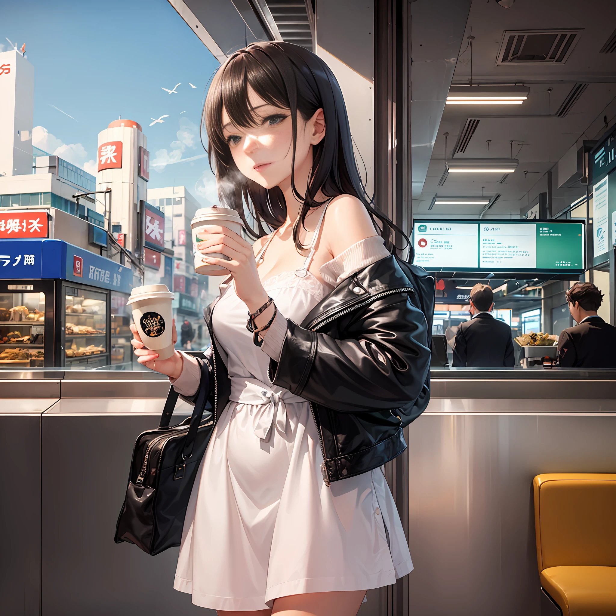 Just before departure, a vegetarian woman,
She thinks of her lover, who left behind in Tokyo, 
at the sandwich stand in the airport lobby, 
but she's a delicate woman, 
because of the steam of the coffee meal
I might stop going to San Francisco