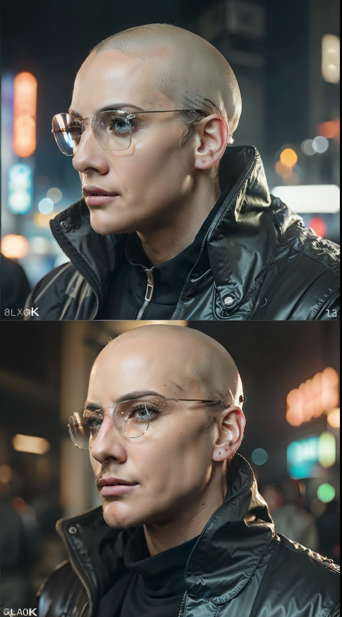 (8k, ARTISTIC photography, best quality, masterpiece: 1.2), (realistic, photorealistic: 1.37), over-detailed, (high-detail skin: 1.2),  8k uhd, SLR camera, soft lighting, high quality, film grain, Fujifilm XT3, cinematic lighting, photonic display, brightness, physically rendered photo (cyber punk thug, hacker, Asian American male, bald head wearing dark glasses, ), ((NO smile)), over-detailed face, (((SERIOUS look))), (( dressed as futuristic samurai, tech wear, ǍCROŇYM)), (((over-detailed men's clothing))), ((( Gore-Tex jacket )), (((extremely detailed outfits))), posing, a dark bar with neon lights and computers and monitors, (((pure 8K))), (((perfect anatomy))), extremely high-quality graphics, Riddley scott, Blade Runner, Denis villeneuve (((cinematic lighting))), ((clear details)), complex, highly detailed background,
