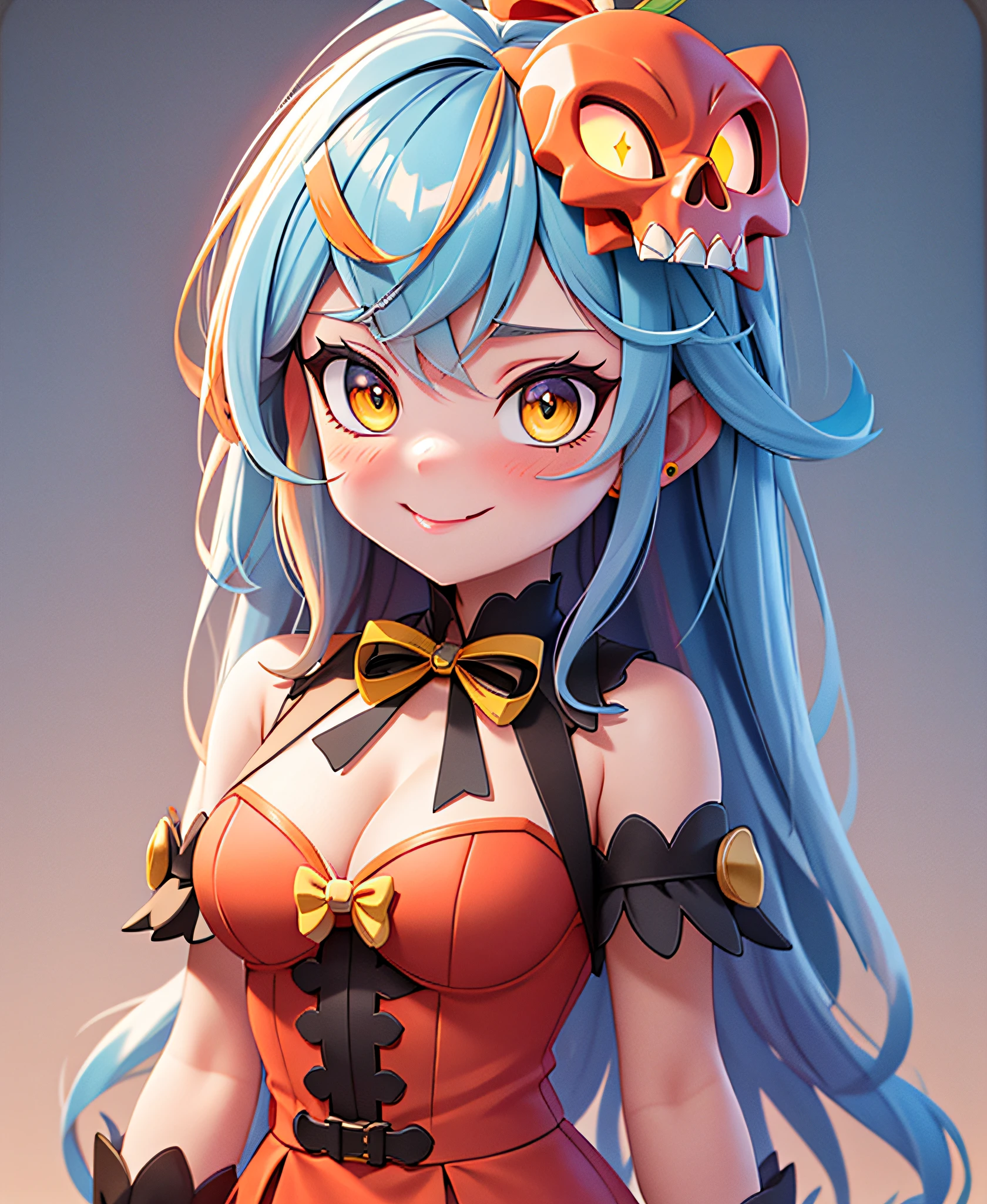 Candy Apple Magical Transformation Girl, apple-red with orange trim costume, yellow bow, red apple-skull mask, black-blue hair, glowing yellow eyes, masterpiece, best quality