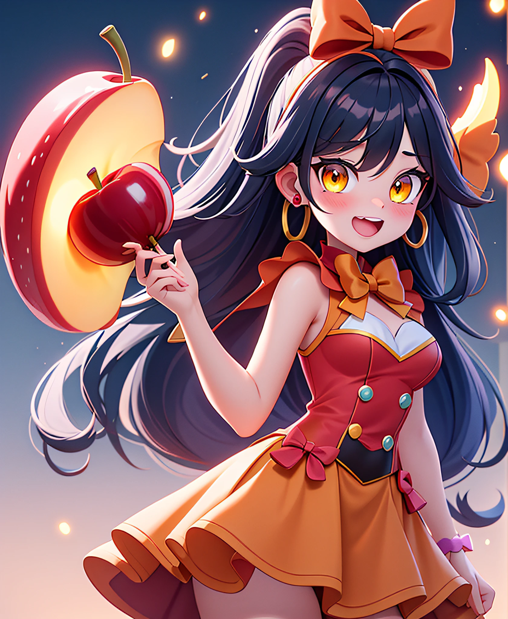 Candy Apple Magical Transformation Girl, apple-red with orange trim costume, yellow bow, red apple-skull mask, black-blue hair, glowing yellow eyes, masterpiece, best quality