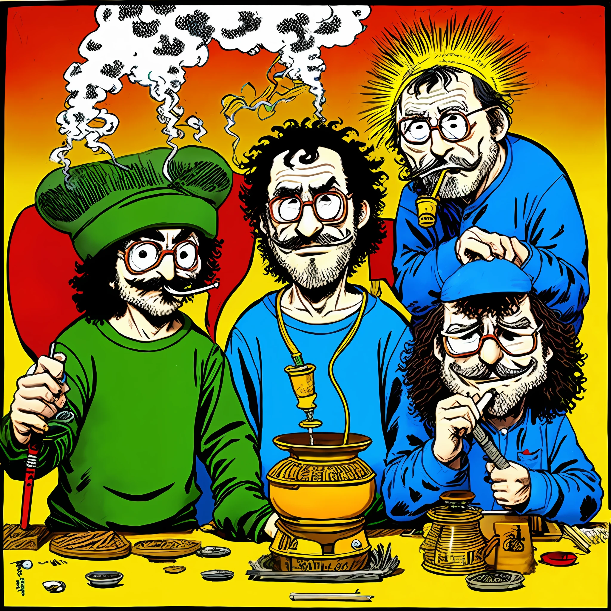 A pair of hippies hyper-realistic characters, freak Brothers, smoking out of a hookah by R Crumb