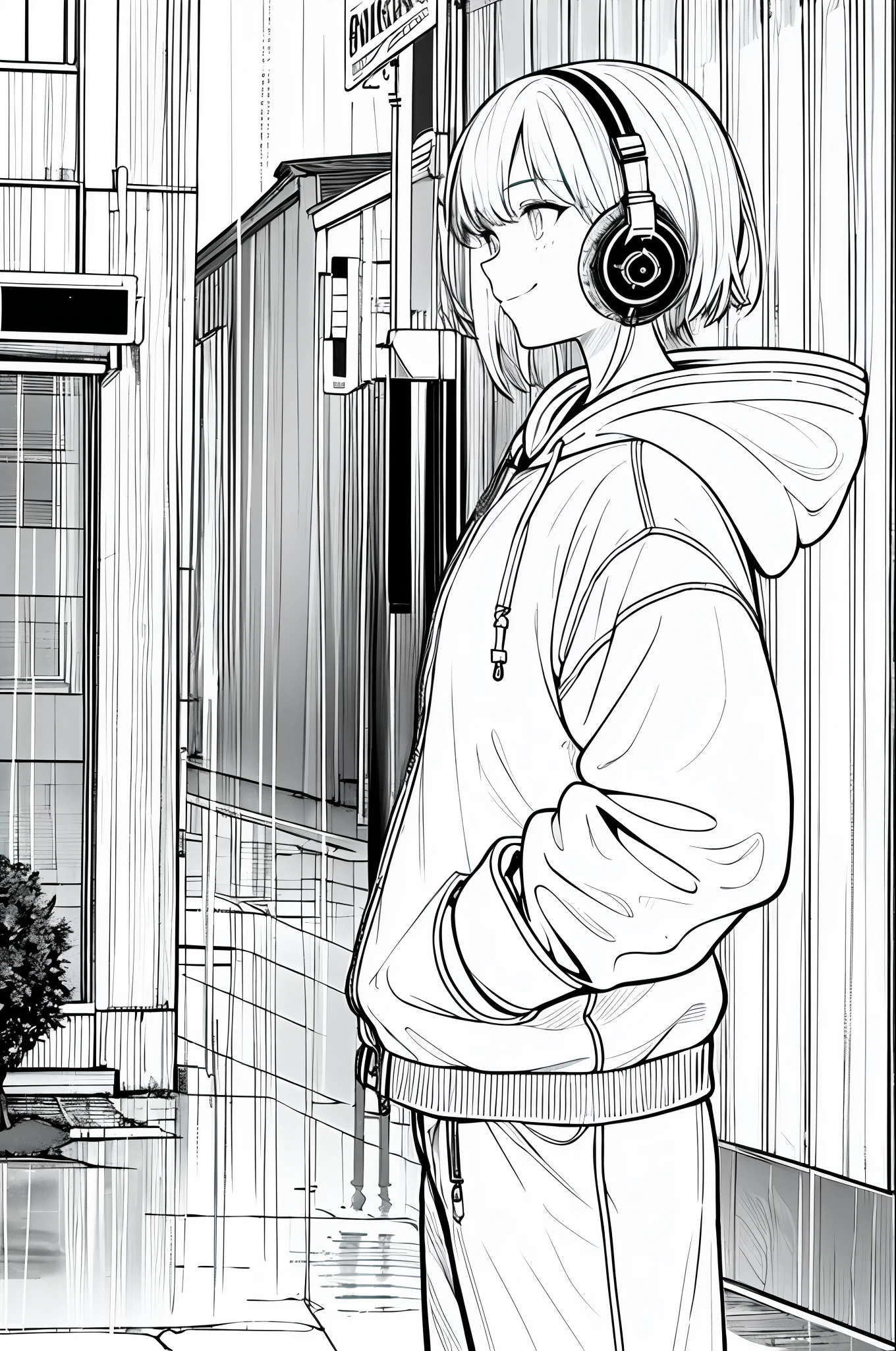 best masterpiece,1girl,solo,incredibly absurdres,hoodie,headphones, street,outdoors,rain,neon lights, light smile, hood up, hands in pockets, looking away, from side, lineart, monochrome,