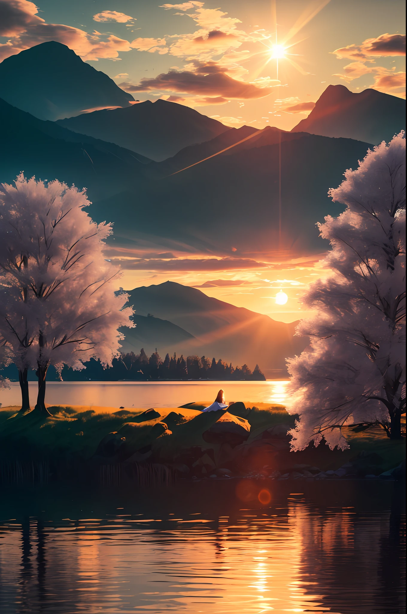 1 girl, serene expression, mesmerizing eyes, straight long hair, flowing dress, poised posture, porcelain skin, subtle blush, crystal pendant
BREAK
golden hour, (rim lighting):1.2, warm tones, sun flare, soft shadows, vibrant colors, painterly effect, dreamy atmosphere
BREAK
scenic lake, distant mountains, willow tree, calm water, reflection, sunlit clouds, peaceful ambiance, idyllic sunset, ultra detailed, official art, unity 8k wallpaper
, zentangle, mandala