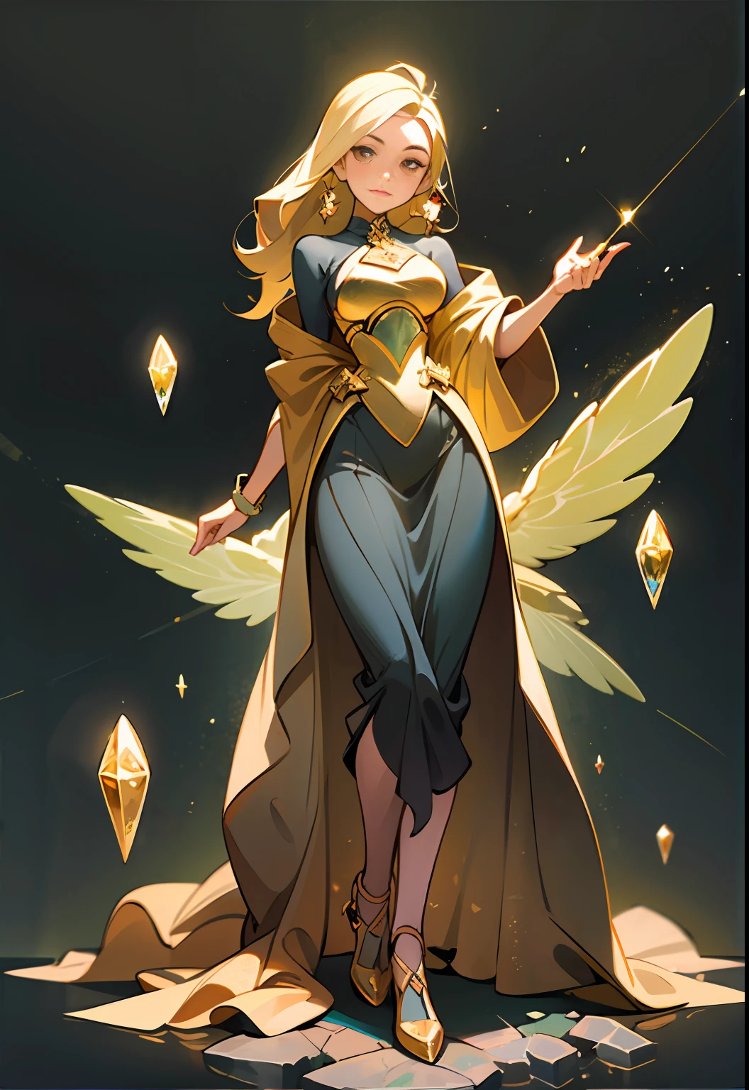 (best quality, masterpiece), 1 girl, yellow diamonds mineral, beautiful full body concept art, simple dark background, looking at viewer, gold long hair, mineral, (best quality, masterpiece), 1 girl, yellow diamonds mineral, beautiful full body concept art, straight long legs, simple dark background, looking at viewer, gold long hair, mineral, ethereal, fantasy, laser transparent, long skirt, depth of field, sleek glass thickness, transparent, cinematic lighting, rendering, 4K, --niji 5