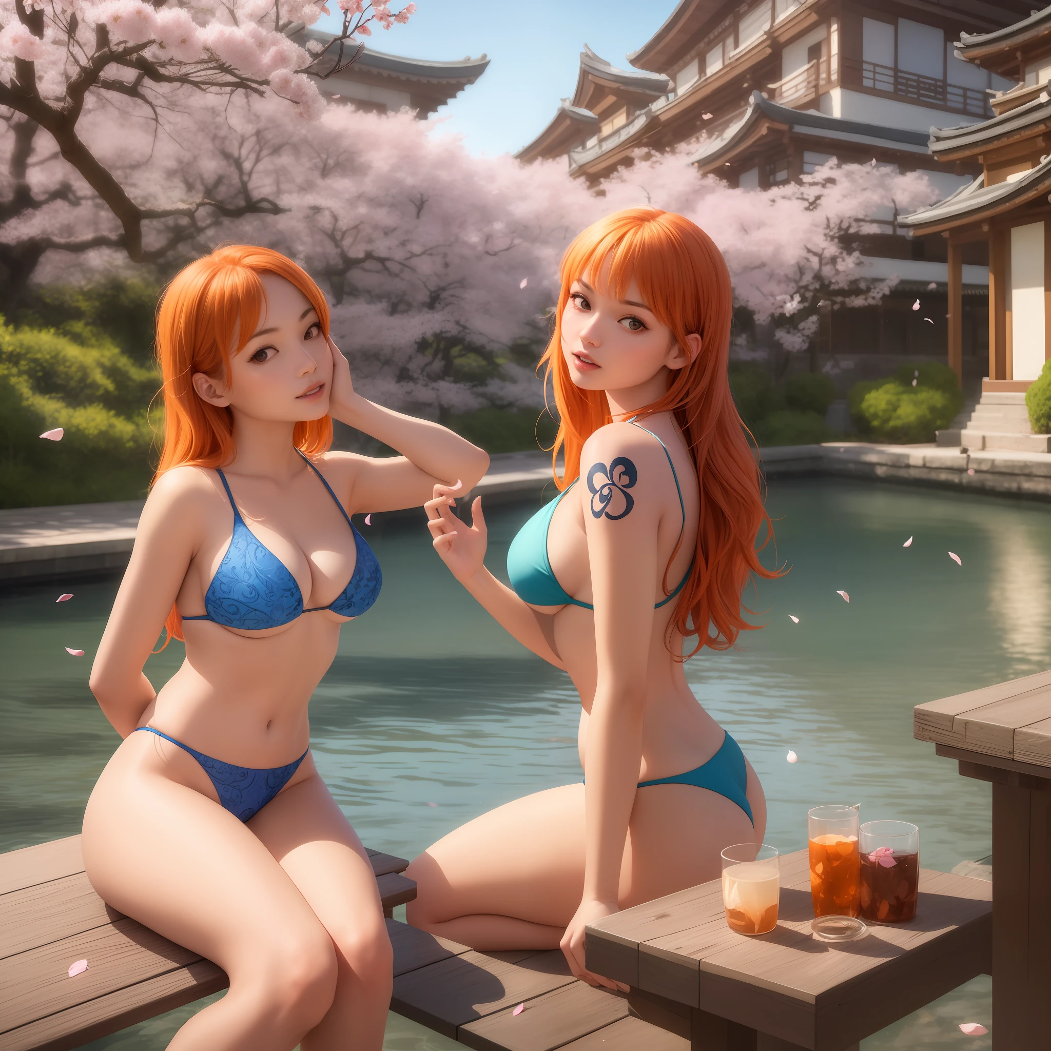 masterpiece, (photorealistic:1.5), best quality, beautiful lighting, real life, 
nami \(one piece\),
5girls sitting on a wooden bench, identical girls, close together, architecture, cherry blossoms, east asian architecture, falling petals,  blue flower bikinis, long hair, open mouth, orange hair, petals, butterflies, shoulder tattoo, solo, nami's tattoo, teeth, upper teeth only, looking at themselves, kissing, hugging, same color hair, same color bikinis, identical hair, identical bikinis, intricate, high detail, sharp focus, dramatic, beautiful girls , (RAW photo, 8k uhd, film grain), caustics, subsurface scattering, reflections, dynamic angle, wide angle,