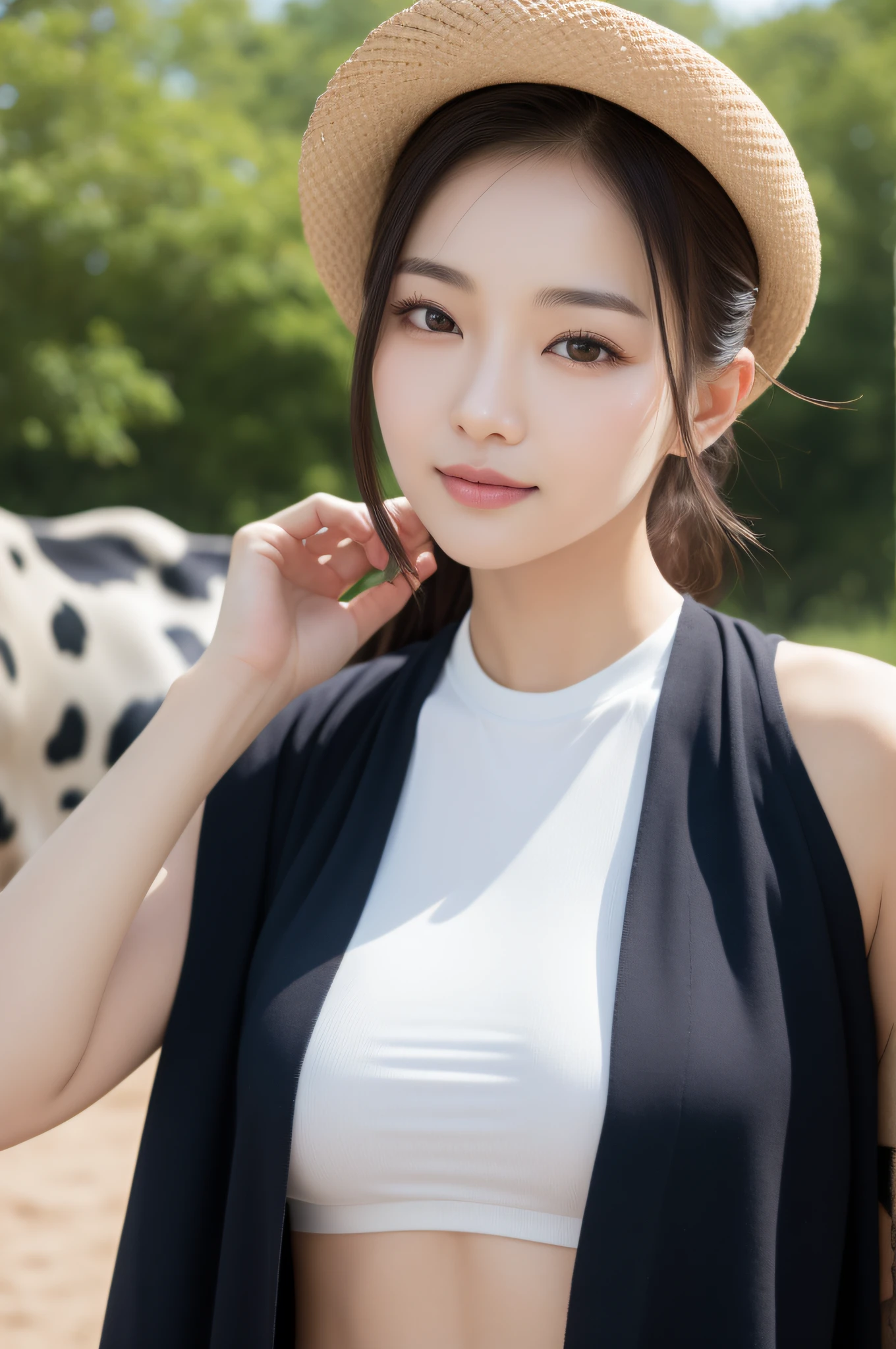 ((best quailty、8K、a masterpiece of:1.3))、foco nítido:1.2、(ultra beautiful face:1.0)、(Slender Abs Beauty:1.0)、(shinny skin:1.0)、photograph realistic、Black-haired、Video Lighting、High-definition eyes and face、Video Lighting、(cow-boy shot:1.3)、swim wears、(Korean Cute Actress)、from the front side、medium large breasts、A slight smile、Sleeveless