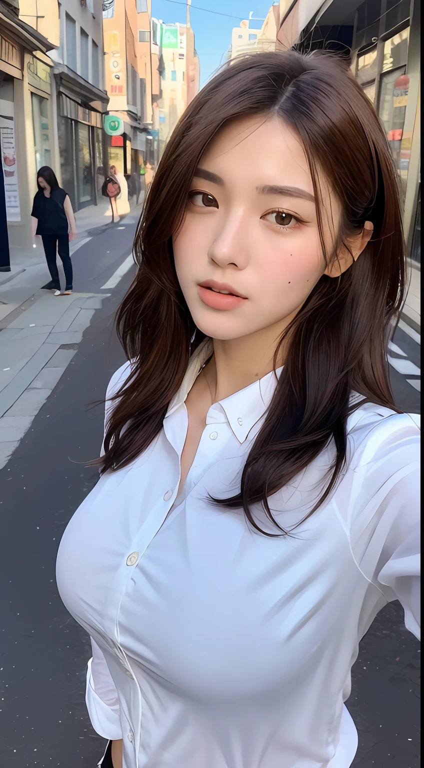 ((Best quality, 8k, Masterpiece :1.3)), Sharp focus :1.2, A pretty woman with perfect figure :1.4, Slender abs :1.2, ((Dark brown hair, Big breasts :1.2)), (White button up long shirt :1.1), City street:1.2, Highly detailed face and skin texture, Detailed eyes, Double eyelid
