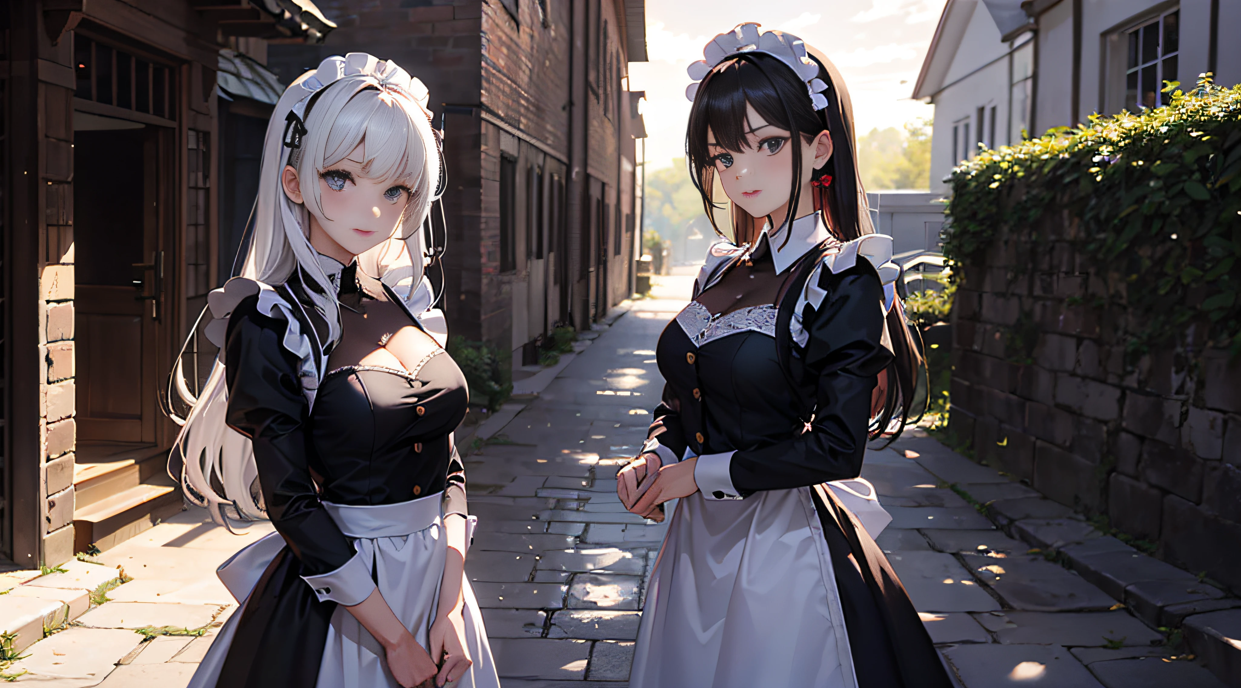 A stunning photograph of a girl in sexy maid outfit, beautiful eyes, detailed eyes, detailed face, standing in an old manor, captured in a naturalistic style by photographers Sam Yang and Ross Tran. The scene is highly-detailed, with intricate textures on the lady's clothing and sharp focus on the surrounding buildings. The lighting is bright and optimistic, with the sunlight creating a warm glow and a sense of hope and positivity,
