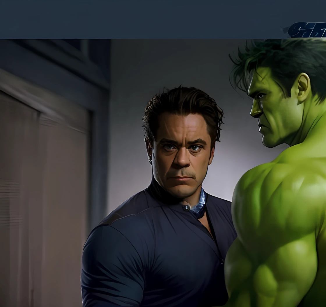 tony stary with hulk, handshake with other, focus, dashing prsonality, stark short color match with previous one