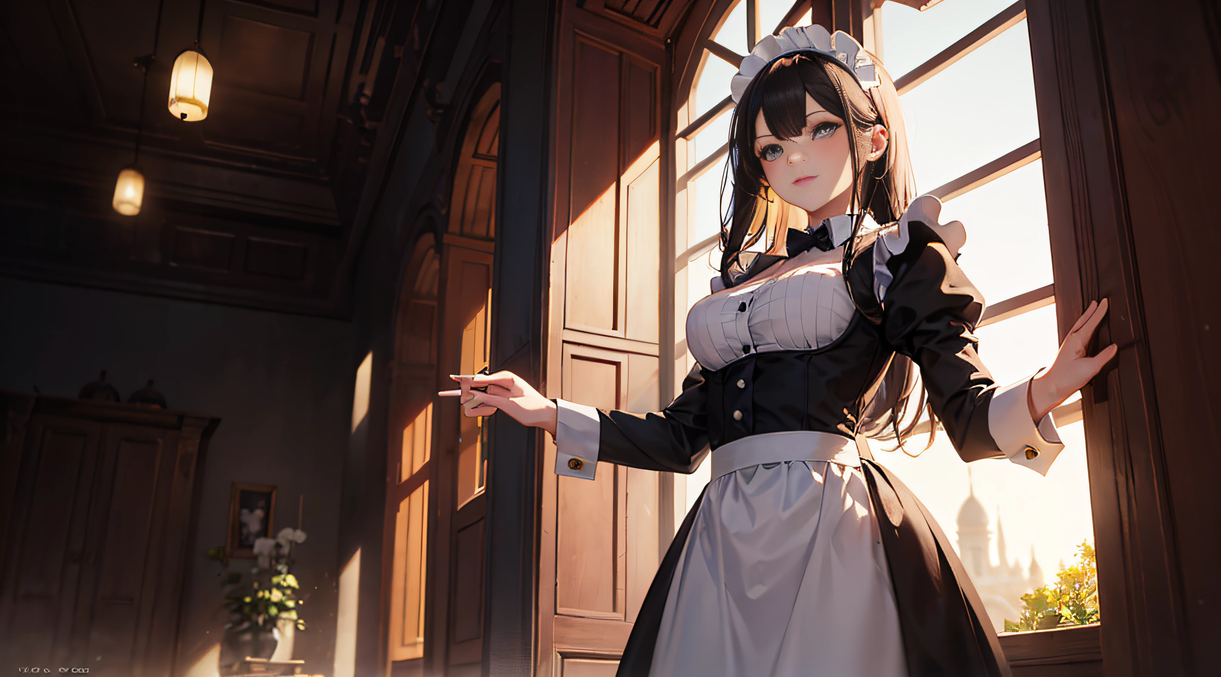 A stunning photograph of a girl in sexy maid outfit, beautiful eyes, detailed eyes, detailed face, standing in an old manor, captured in a naturalistic style by photographers Sam Yang and Ross Tran. The scene is highly-detailed, with intricate textures on the lady's clothing and sharp focus on the surrounding buildings. The lighting is bright and optimistic, with the sunlight creating a warm glow and a sense of hope and positivity,