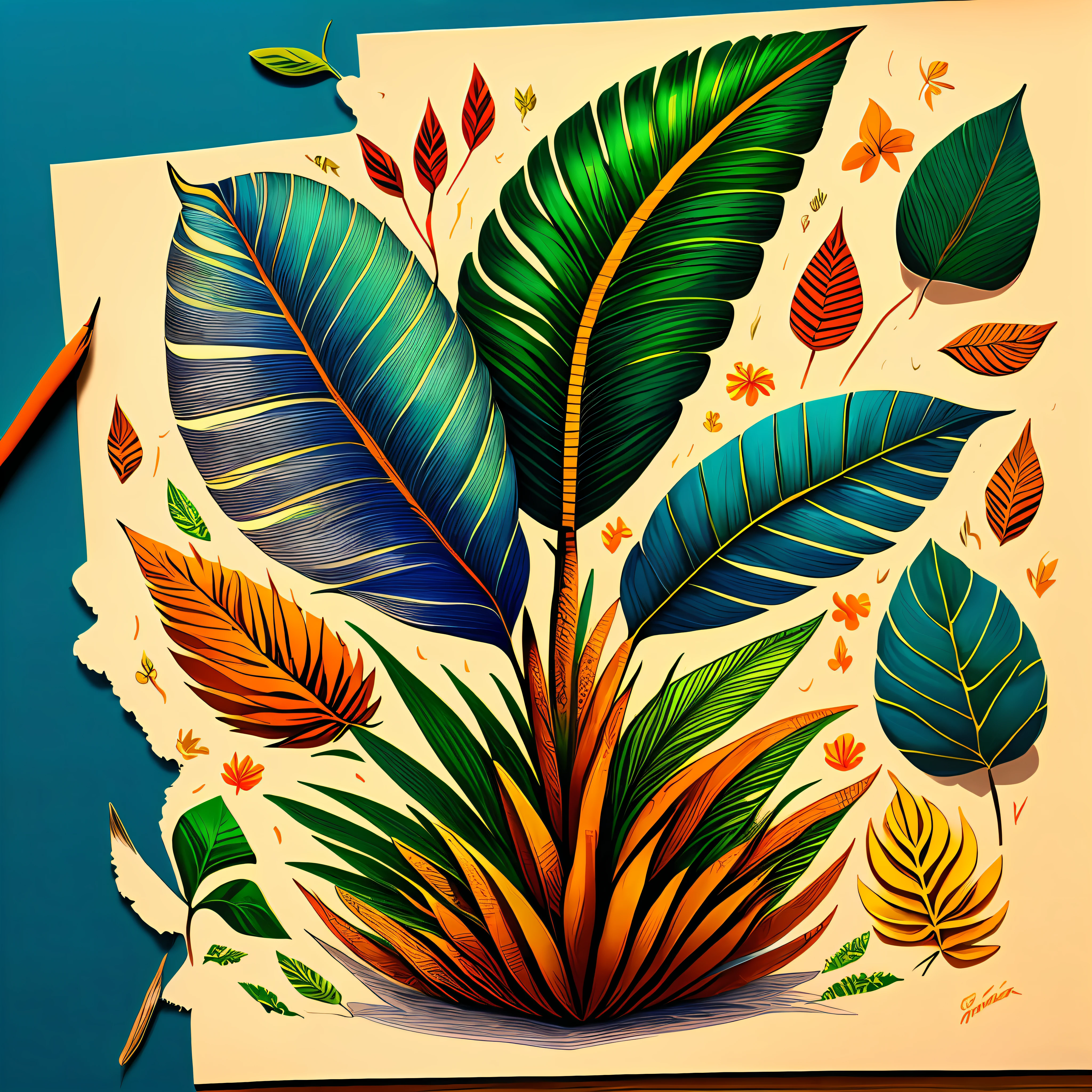 Tropical plants(Plant orange,Yellow-red,green colors,em cor azul escuro),There are coconut leaves(Tropical plants flowing),naturey,rich colour,Hand drawing illustration,16k,super detailing,High Details,ccurate --aut --auto