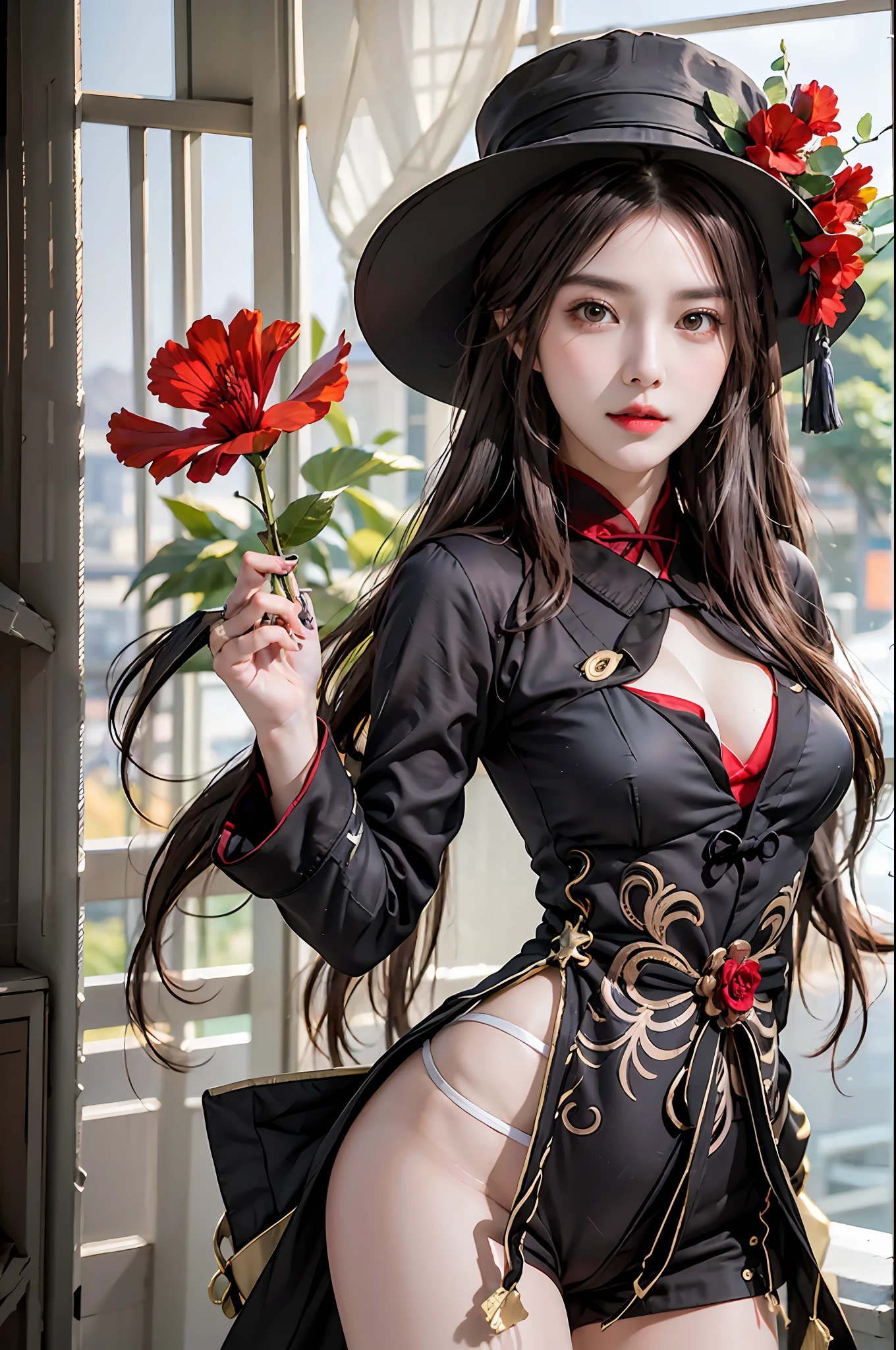 pphotorealistic, high resolution, 1 girl, hips up, long hair, beautiful eyes,hat_flower, brown_hair, closed_mouth, hibiscus, red_rose, spider_lily, bangs, coat, hu tao \(genshin impact\
