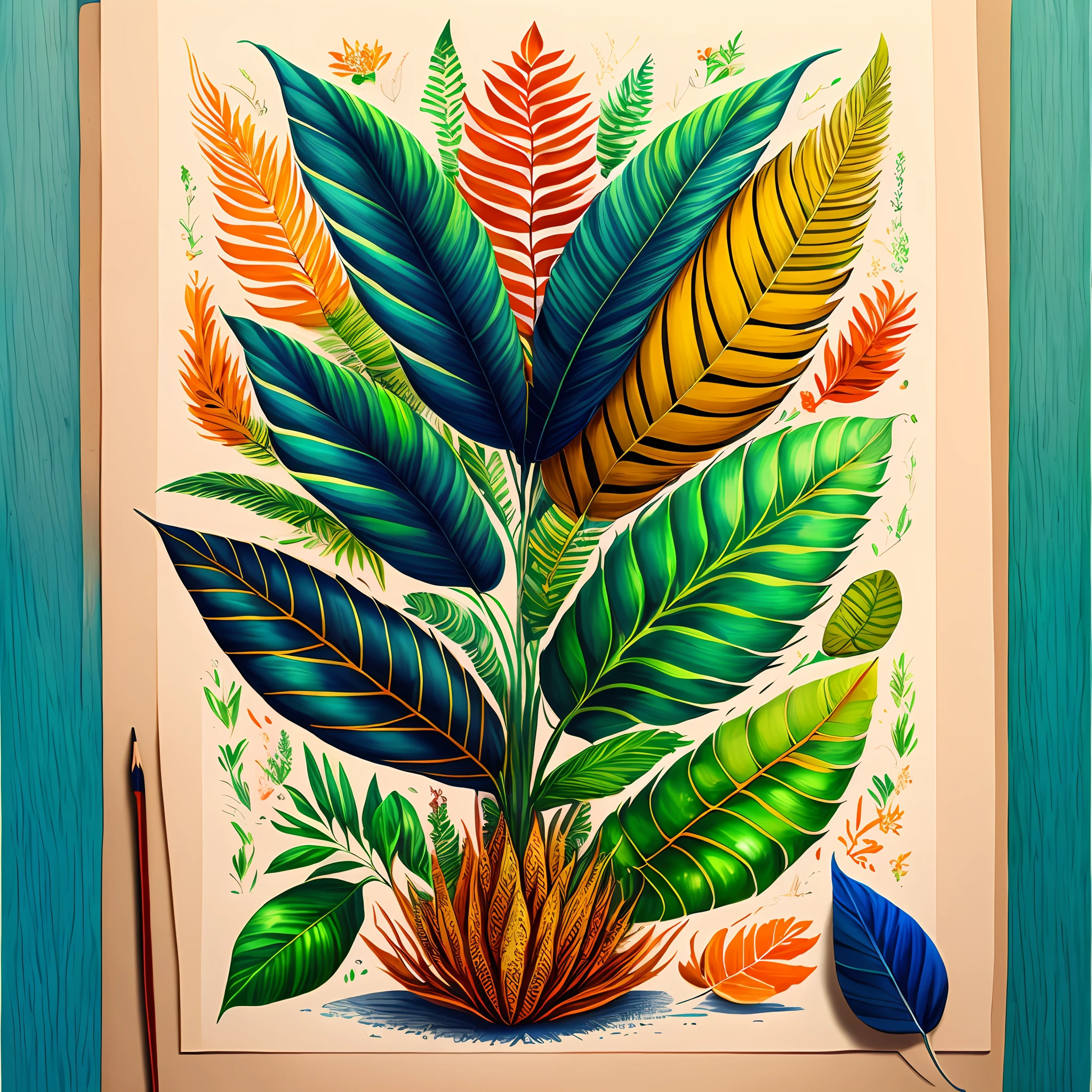 Tropical plants（Plant orange，Yellow-red，green colors，em cor azul escuro），There are coconut leaves（Tropical plants flowing），naturey，rich colour，Hand drawing illustration，16k，super detailing，High Details，ccurate --aut --auto