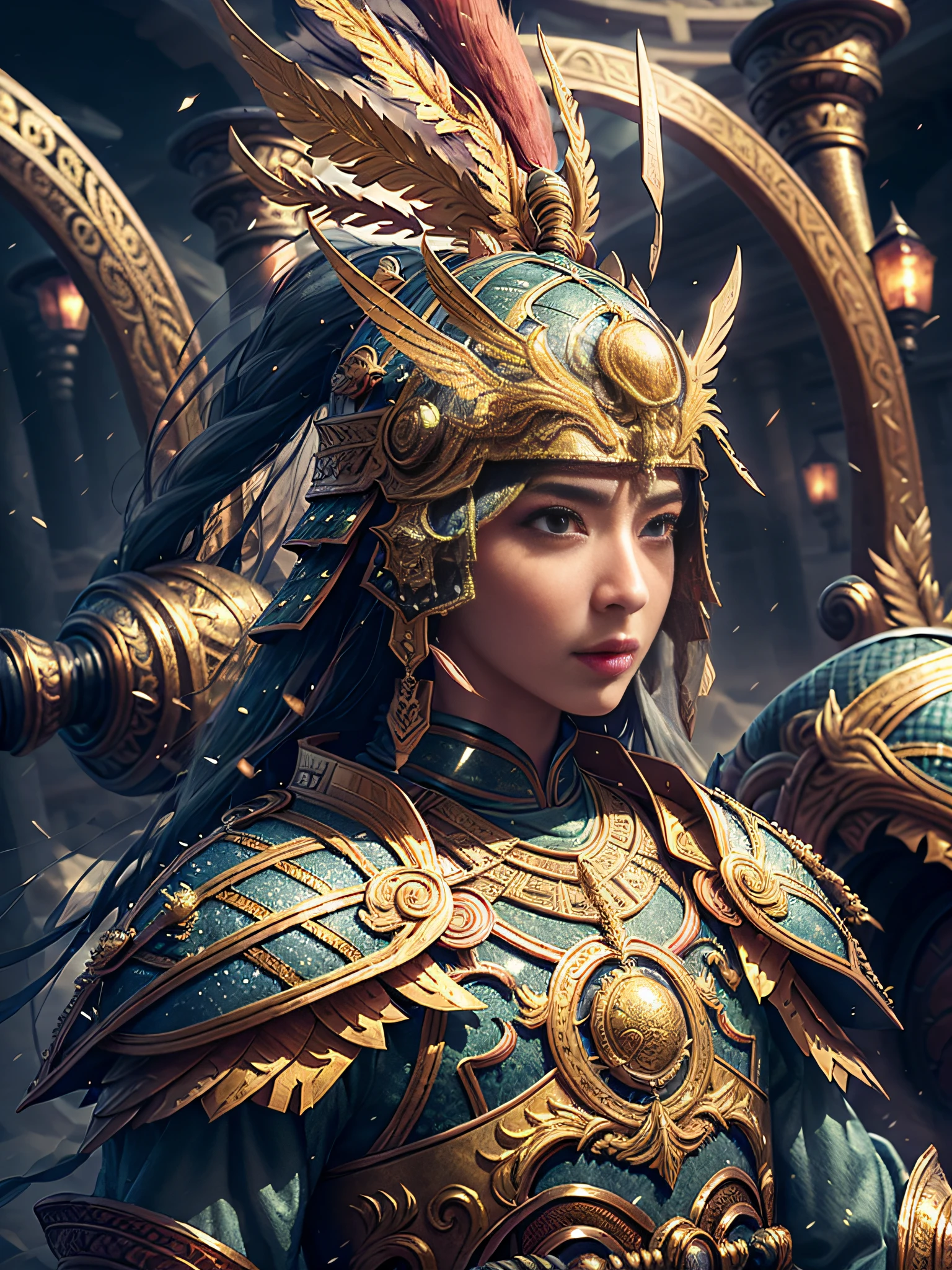 V0id3nergy,巨作,Best quality,High detail,Epic detail,hyper qualit,8K,illusory engine,Sophisticated,ultra detali,Hora de Ouro,realisticlying,highcontrast,A detailed,hyper-detailing,realistic skin textures,Best Quority,Super-High Resolution,OriginalPhoto,Dramatic lighting,Diffuse luminescent complex golden Eaba,Extremely beautiful adult woman,A beautiful face,Spears and shields,