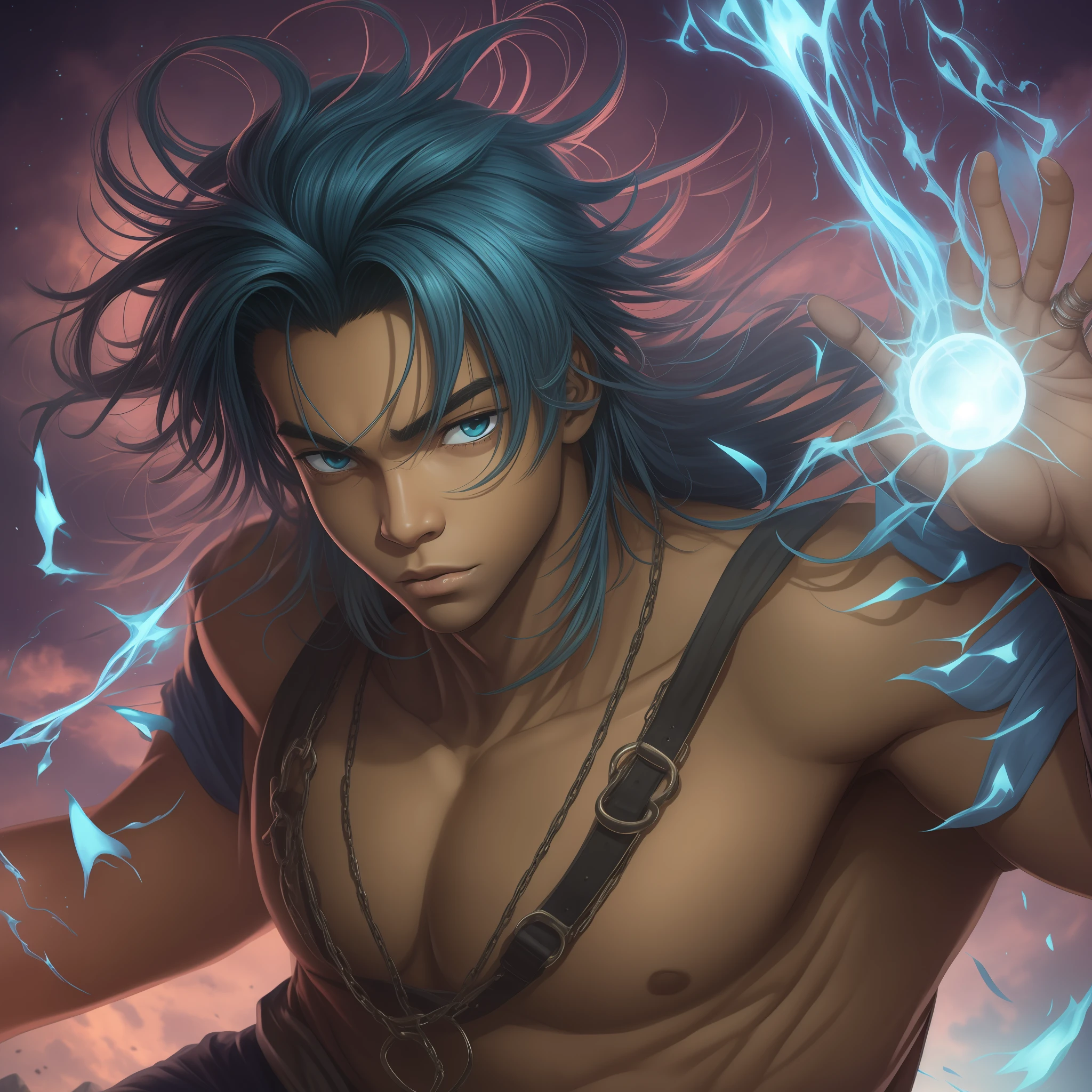 Jovem negro de , sentando em uma pedra, characteristics of a 16-year-old, anime traits, poderes elementais de energia, cacheados escuros, male gender, cor de pele escura, somente, Aura elementar azul