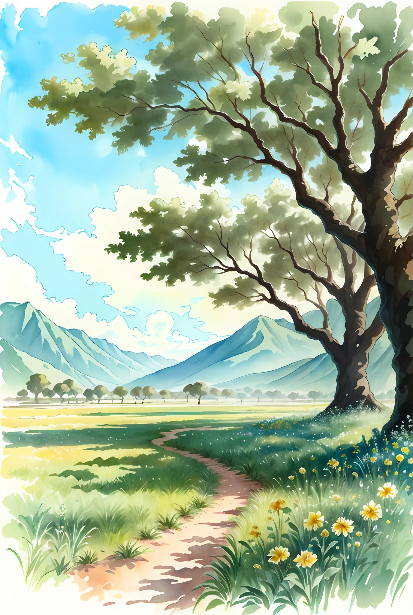 ( acuarela \(medio\), dibujo, hermosos campos de trigo.