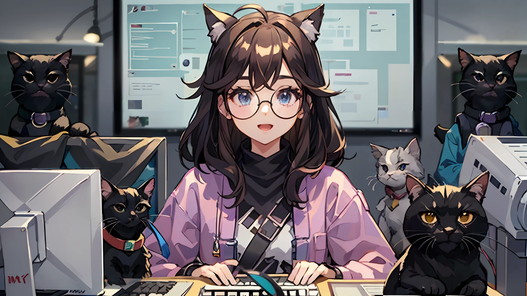masutepiece, Best quality, killjoy, green beanie, Round glasses, Yellow jacket, gray shirt, Belt, Black pants, Upper body, computers, circuitry, Robots, Looking at Viewer, ((beste-Qualit))、((a masterpiece of))、((ultra-definition))、(illustratio)、(Fine light)、(Extremely delicate and beautiful)、(((独奏)))、1 girl in、(((beautiful a girl)))、opened mouth、Tremendous smile、(dark-haired), (Black cat ears), (Ahoge), (absurdly short hair), (Maeby Hair), (Blue eyes)、mideum 、fullllbody、