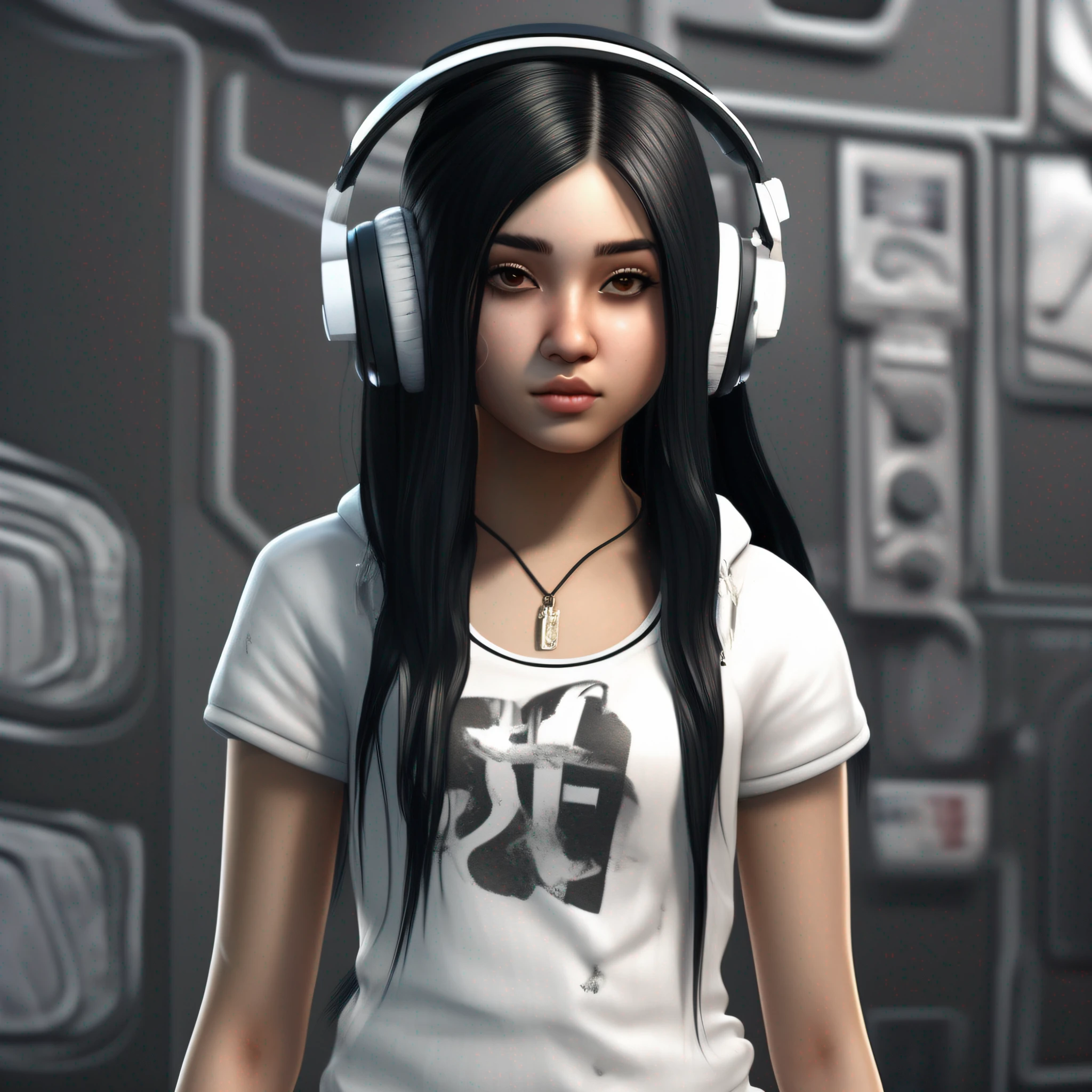 girl with stunning 12K 3D resolution character in [gritty Hip Hop] style, pretty, white top, headphones, long black hair, chibi in detailed (full body), highly detailed, shiny, ultra high quality, hyperrealism, photorealism, [octane rendering]. --auto