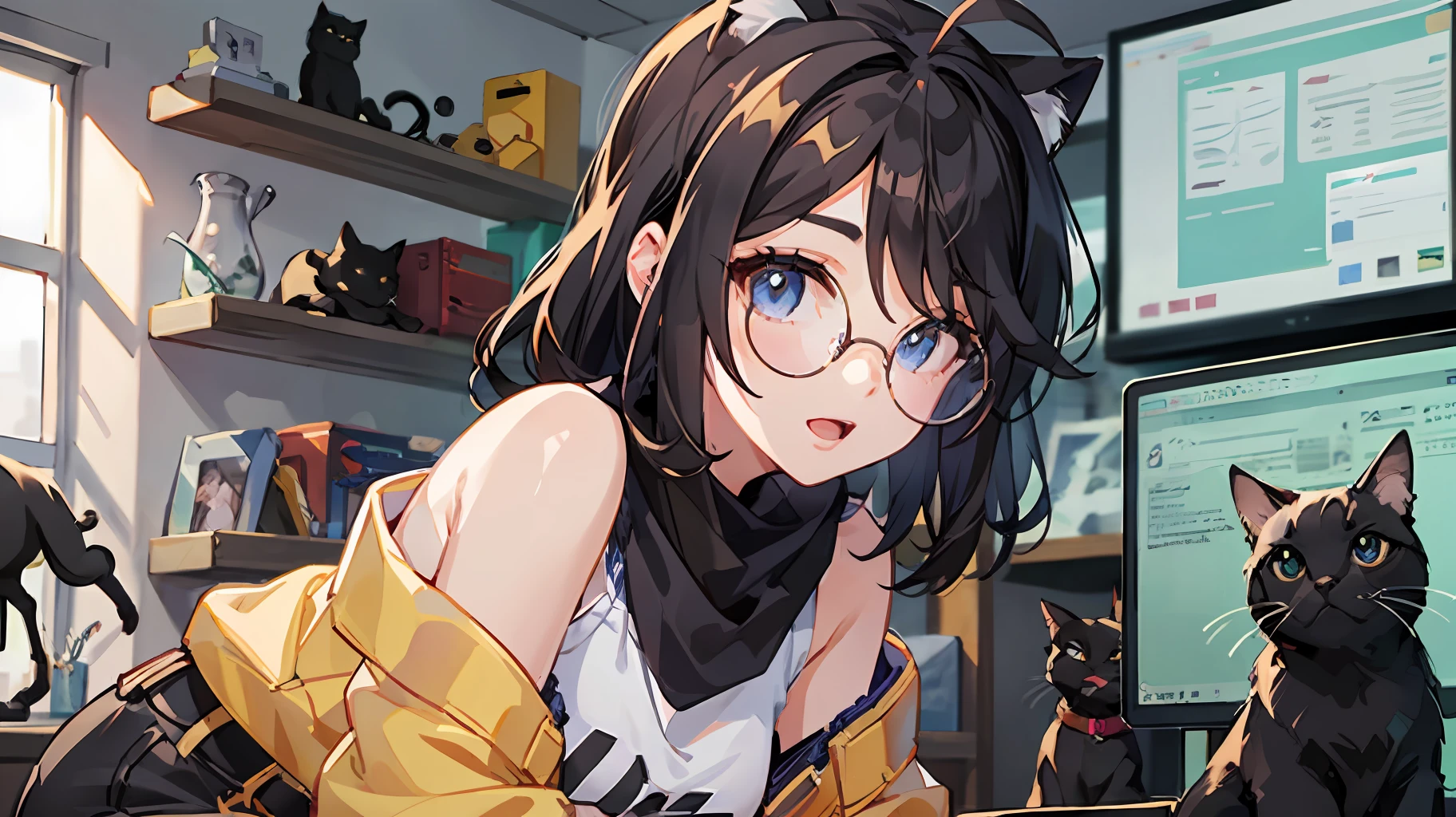 masutepiece, Best quality, killjoy, green beanie, Round glasses, Yellow jacket, gray shirt, Belt, Black pants, Upper body, computers, circuitry, Robots, Looking at Viewer, ((beste-Qualit))、((a masterpiece of))、((ultra-definition))、(illustratio)、(Fine light)、(Extremely delicate and beautiful)、(((独奏)))、1 girl in、(((beautiful a girl)))、opened mouth、Tremendous smile、(dark-haired), (Black cat ears), (Ahoge), (absurdly short hair), (Maeby Hair), (Blue eyes)、mideum breasts、fullllbody、
