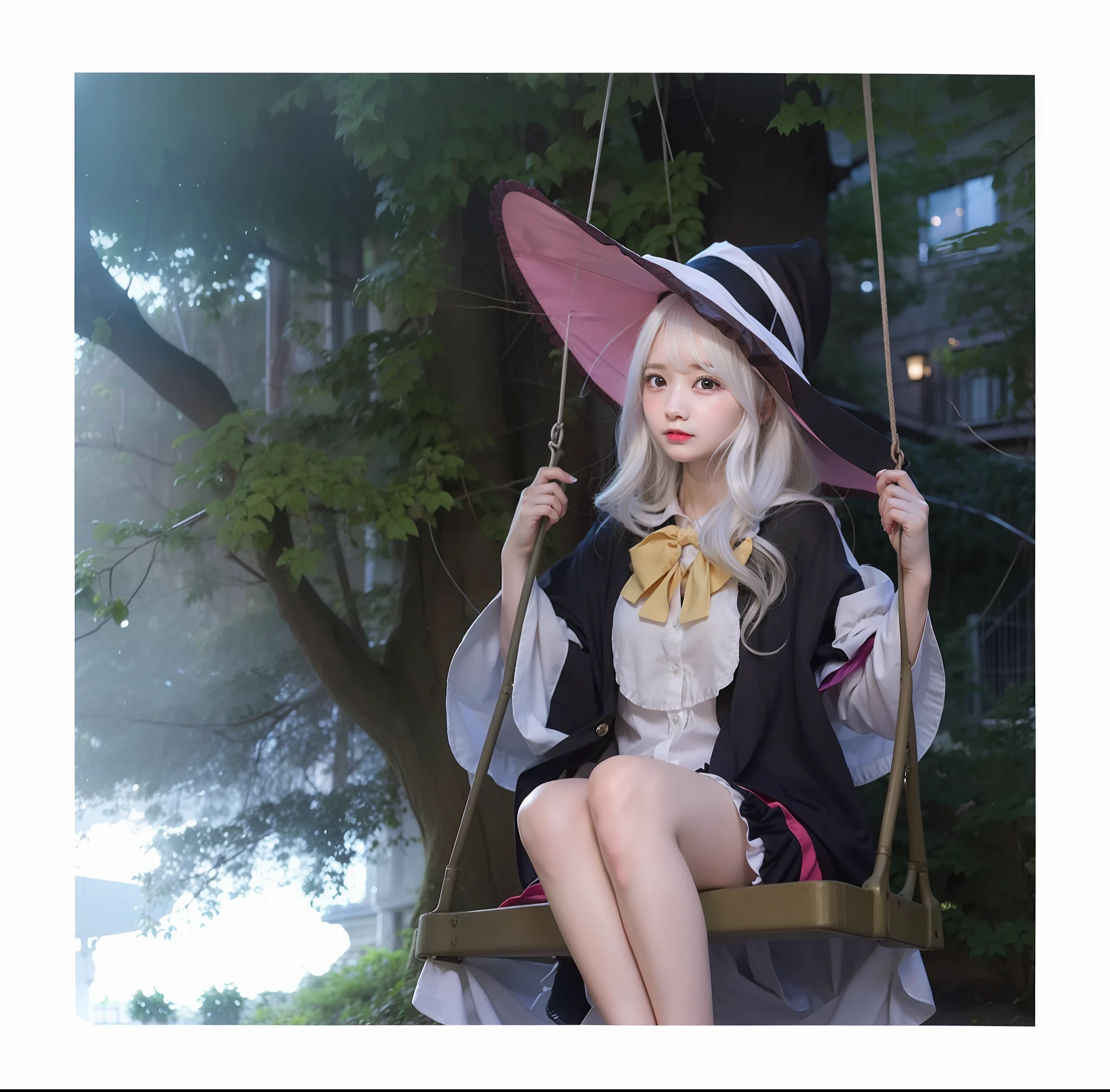 1girl, baby face, witch, white hair, playing swing, Looking up, realistic, ultra detail, photography