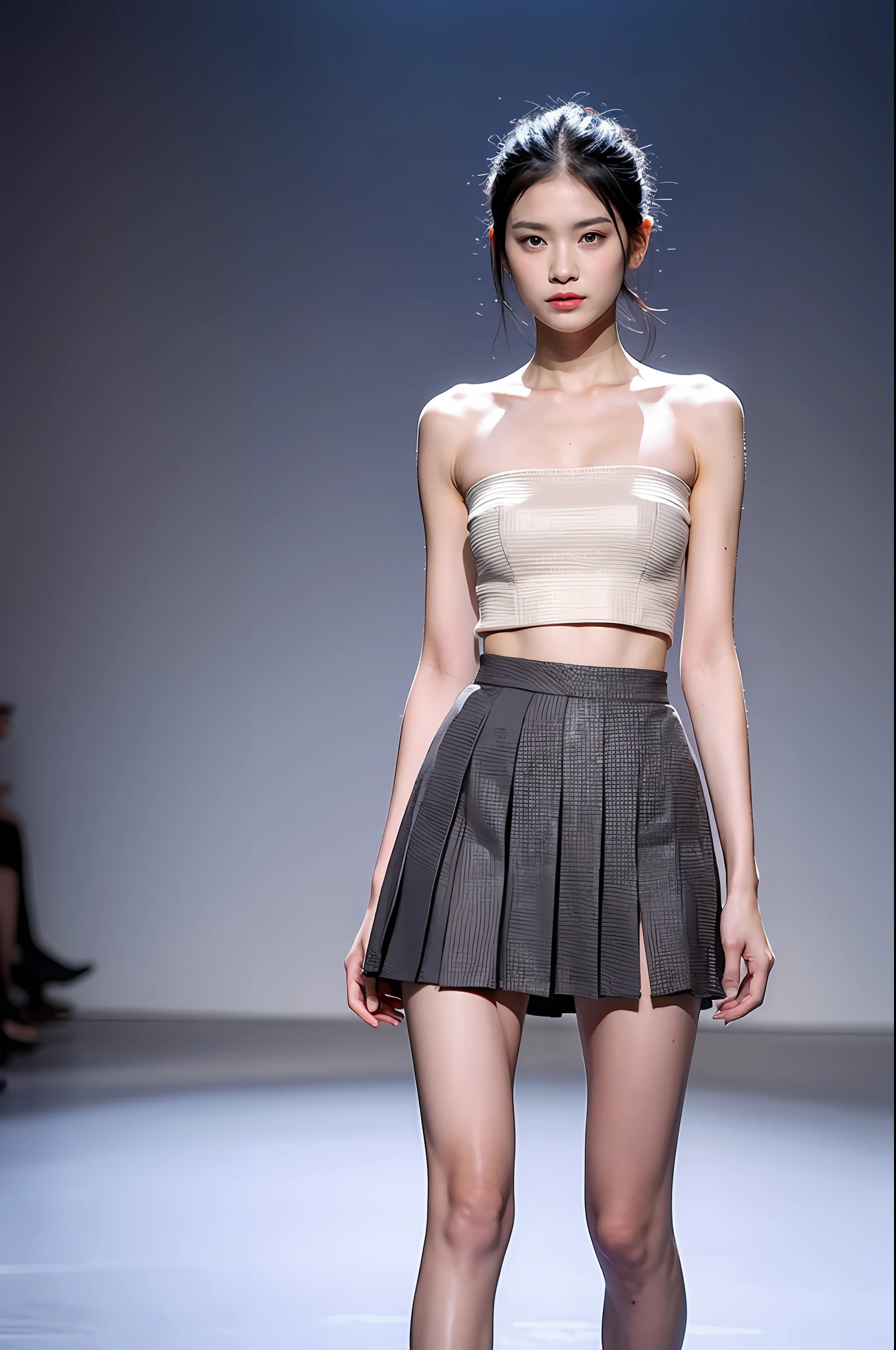 (Highly detailed body,Highly detailed face,the best quality:1.2) ,a woman with,Look at viewers,(Design bandeau top ,Design pleated skirt short skirt),(Big 1.2),(Catwalk in the background:1.2)