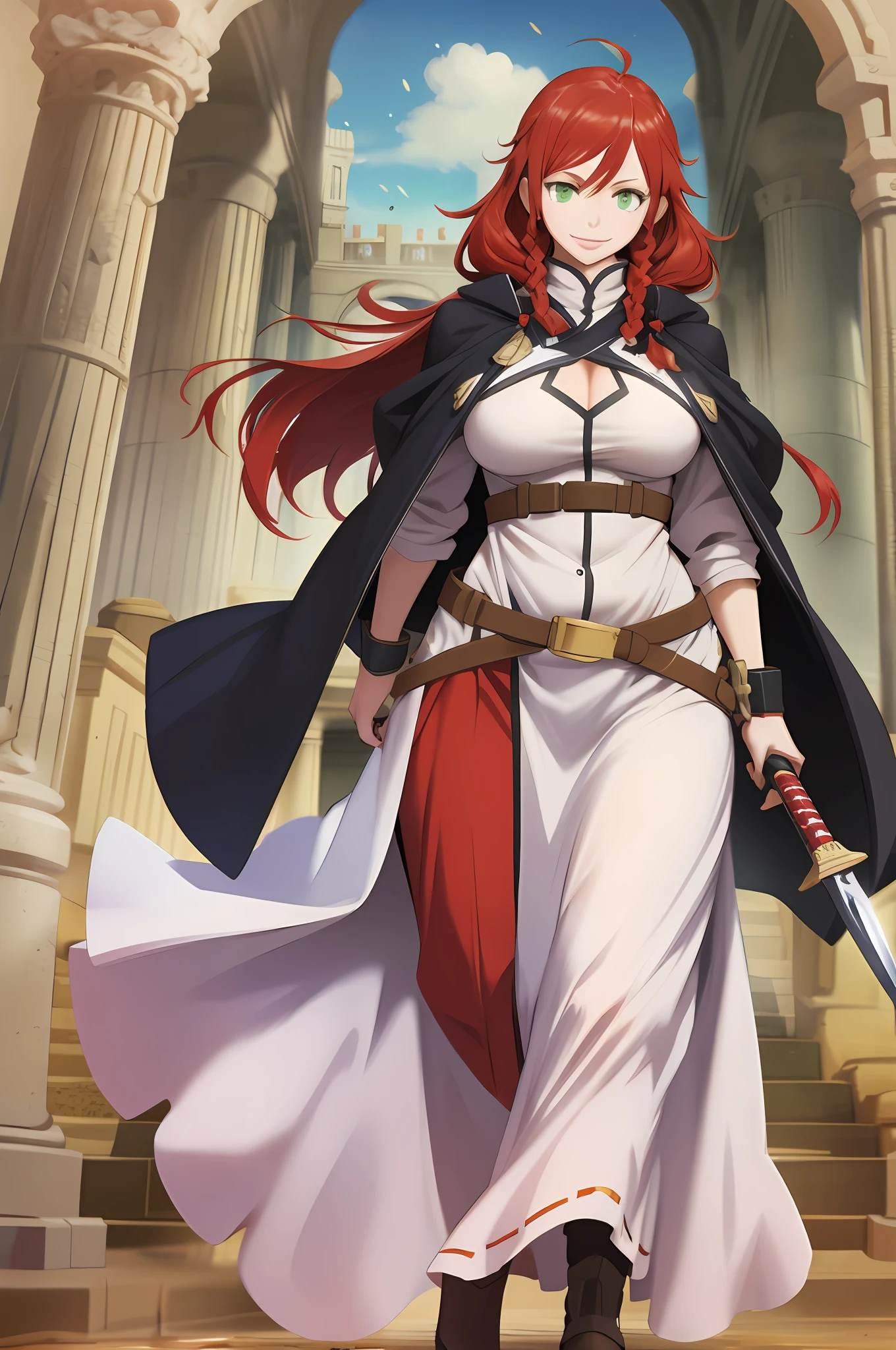 tsubaki yayoioi , blazblue, red hair, green eyes, long hair, tall female, warrior, sword, medieval, twin braids, priestess, holy, holy helmet, medium breasts, yellow cape, stylised helmet, light smile, full body, gold,european cloths, medieval , england, full body, christian, walking, solo focus, holding weapon, long skirt, smile