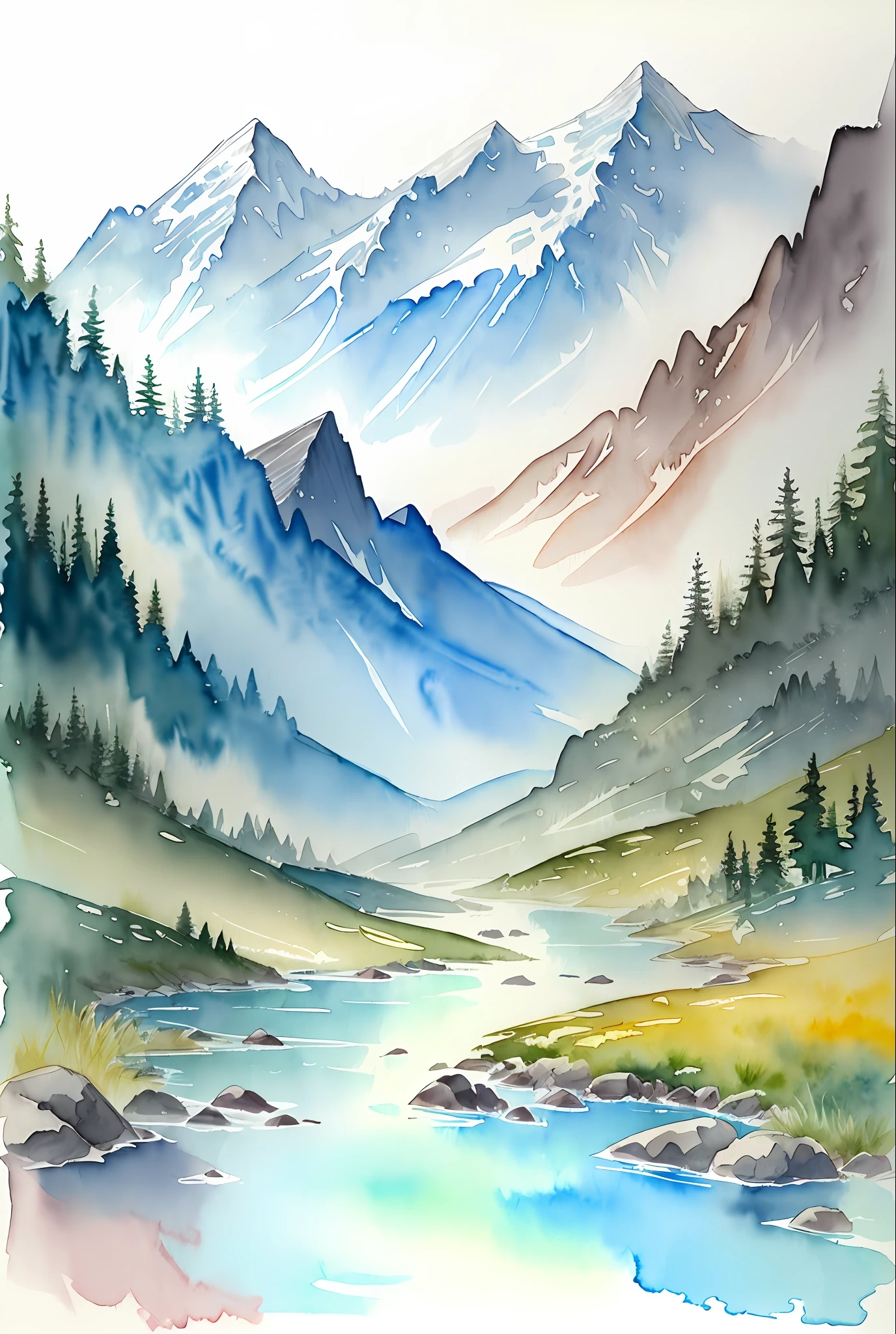( watercolor \(medium\), drawing, IrisCompiet:1.2),painting of arctic alpine tundra, landscape, sfw