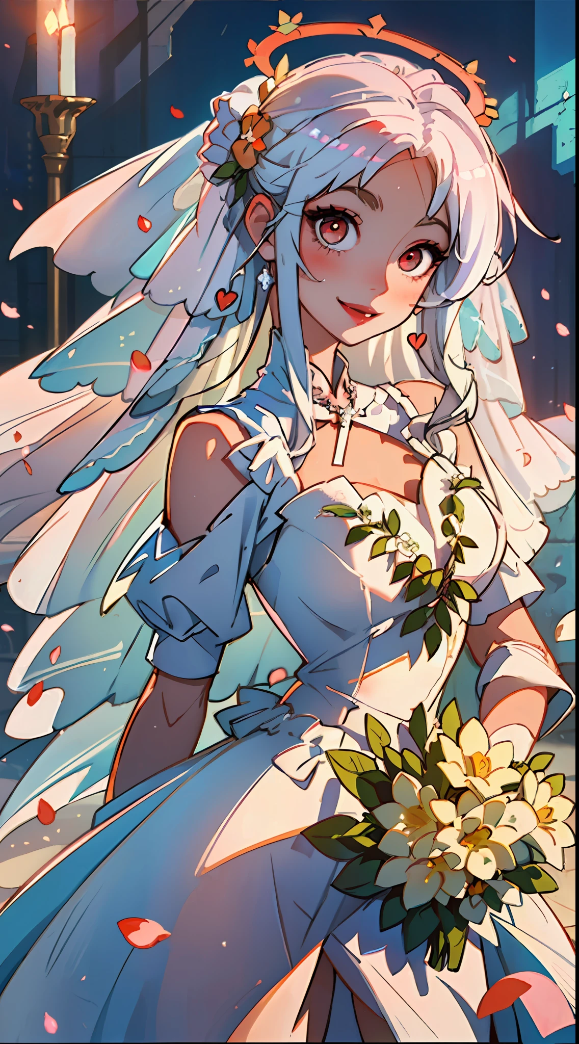 ((wedding)), ((Bride)), ((White Hair)), Orange Pink Eyes, Two-Tone eyes, ((Brides Outfit)), ((brides dress)), ((brides gown)), ((Flowers)), ((Petals)), ((Curvy)), ((Elegant)), ((Orange)), ((Crystals)), ((Love, Smile, Hearts)), ((White Brides Dress)), ((Long Hair)), ((Angel, Angelic, Halo)), ((Goddess)), looking at viewer, ((Pale Skin))