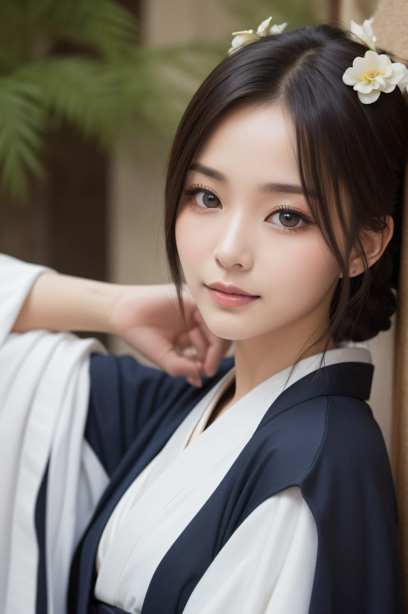((beste-Qualit、8K、a masterpiece of:1.3))、foco nítido:1.2、(ultra beautiful face:1.0)、(Slender Abs Beauty:1.0)、(shinny skin:1.0)、photograph realistic、Black-haired、Realistic pupils、Video Lighting、High-definition eyes and face、Video Lighting、(cow-boy shot:1.3)、(Kimono、Hakama、obi:1.4)、(Korean Cute Actress)、Traditional kimono、from the front side、medium large breasts、A slight smile