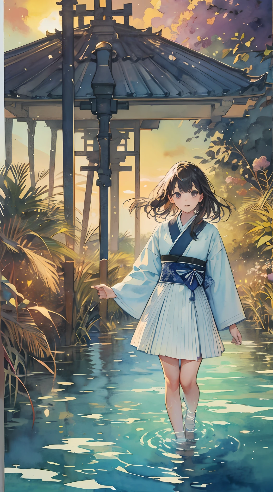 perfect anatomia、masutepiece、beste-Qualit、(Textured skin:1.3)、(super detaill:1.4)、(hiquality:1.4)、1080p、ngnl、16K image quality、(water color art:1.5)、Japan girls at 16 years old、High school girl in Japan、japanese high school uniforms、Sunset coastline、Horizon、Walking、foco nítido、depth of fields、细致背景、Detailed people