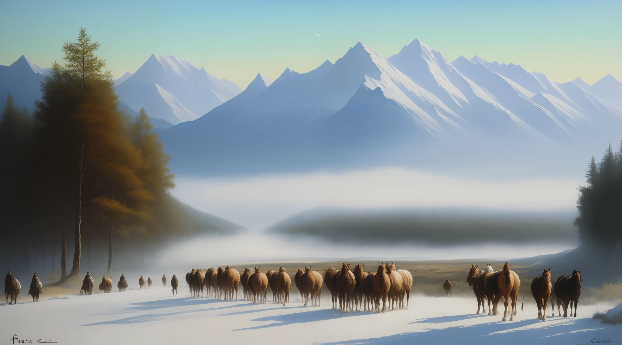 Imagem de um grupo de pessoas caminhando por uma montanha nevada, epic cinematic matte painting, Cidade de gelo em 2 0 8 0, amazing exquisite matte painting, epic matte painting, symmetric matte painting, matte painting of steam machines, arte conceitual de pintura fosca, pintura fosca requintada, Pintura escura elaborada, Tinta Fosca Extravagante, pintura fosca bonita, Fantasia pintura escura
