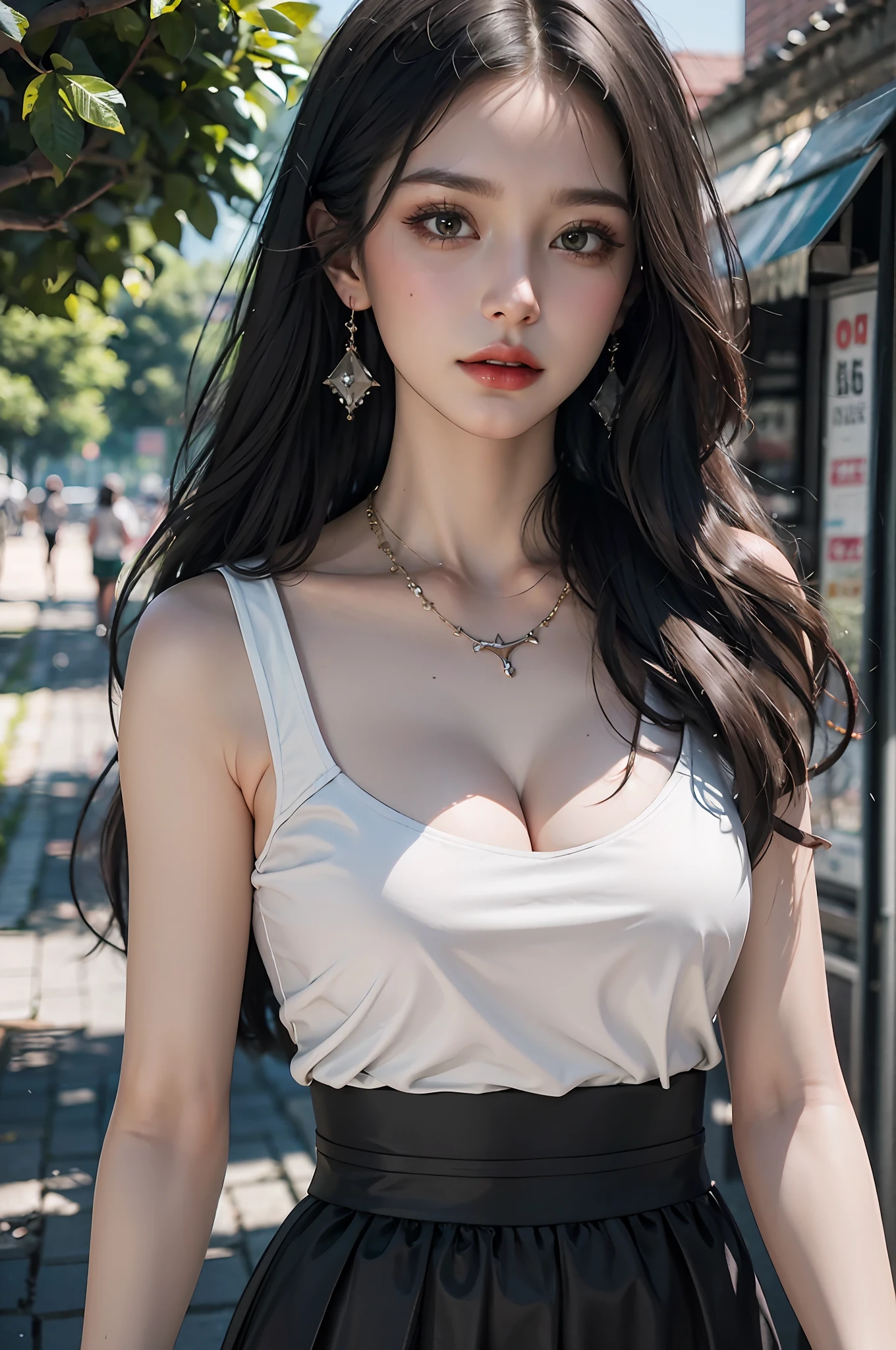ultra realistic 8k cg, picture-perfect face, flawless, clean, masterpiece, professional artwork, famous artwork, huge filesize, fine detail, high saturation, cinematic lighting, cinematic bloom, lens flare, soft light, in the street,
1girl, solo, (upper body), perfect face, beautiful face, beautiful eyes, detailed eyes, beautiful eyelashes, detailed skin texture, white skin, detailed clothing texture, fantasy, dreamlike, unreal, makeup, thin thighs, slim waist, light blush, medium breasts, shiny hair, black long hair, black wavy hair, (hair ornament), (crystal necklace), (round earrings),
backlighting,