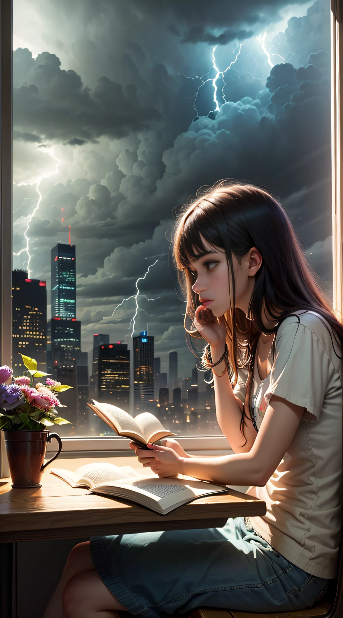 A teenager sat by the window reading a book, the clouds outside the window were thick, lightning and thunder, the atmosphere was depressed, and the style was gloomy