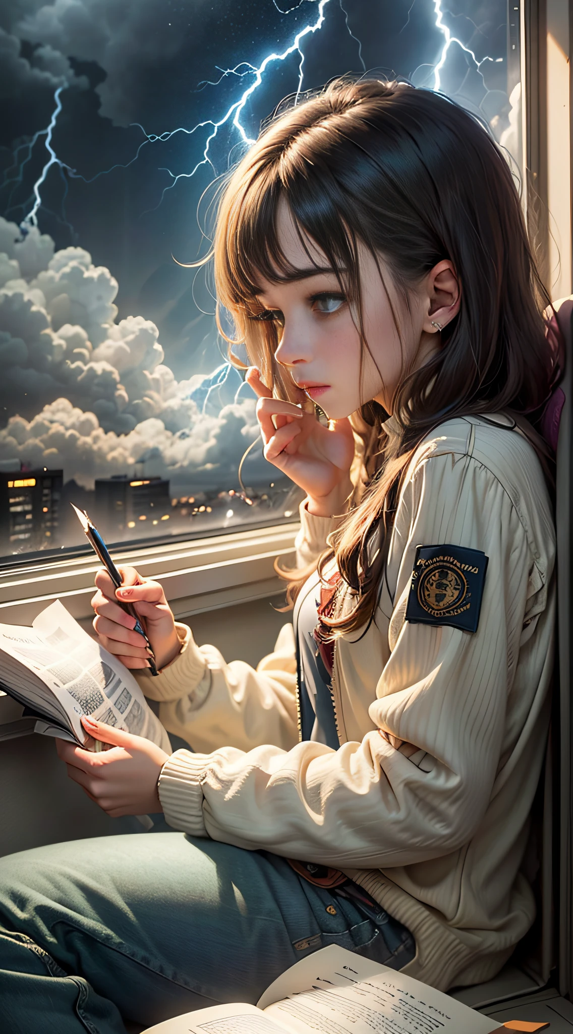 A teenager sat by the window reading a book, the clouds outside the window were thick, lightning and thunder, the atmosphere was depressed, and the style was gloomy