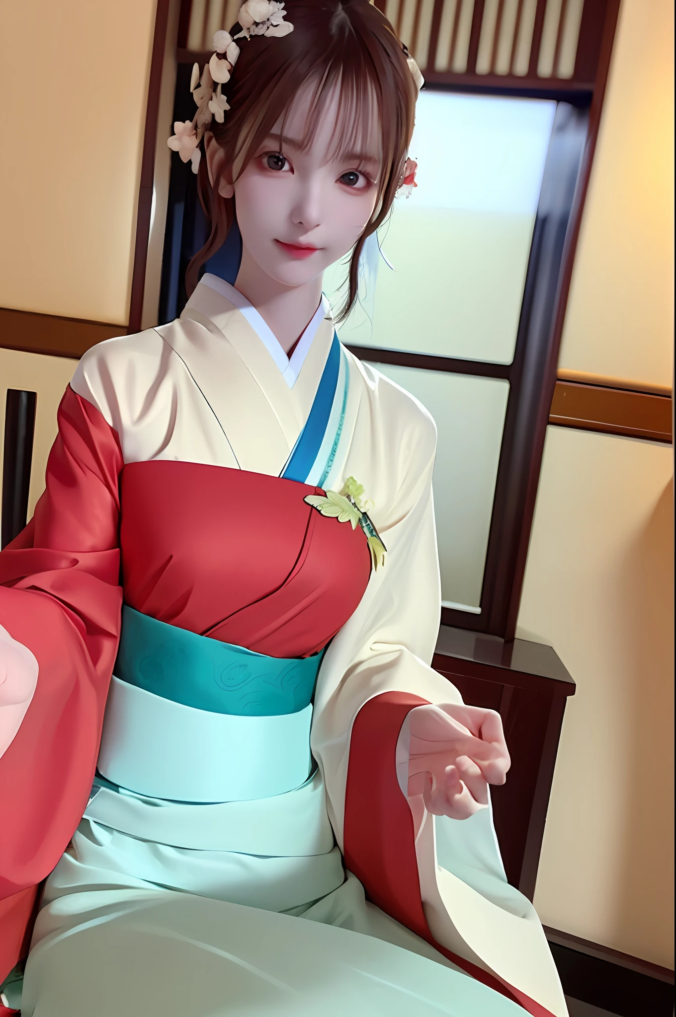 (8k, RAW photo, best quality, highres:1.2), (realistic, photo-realistic:1.5), 1girl, solo, pale skin, pretty face, cute, extremely delicate eyes, cherry heart-shaped lips, upper body, kimono,