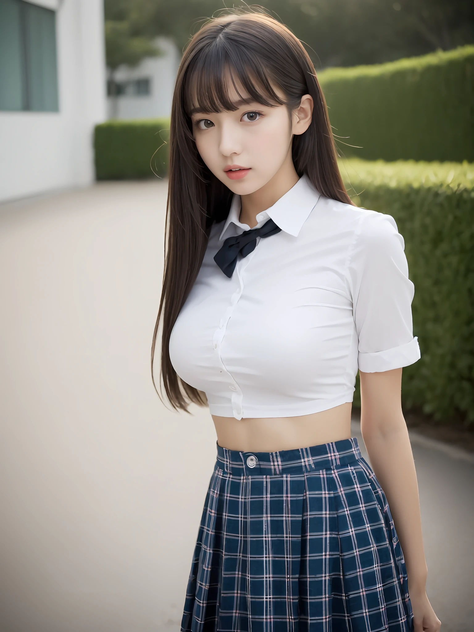 masterpiece, top quality, (realistic, photorealistic: 1.37), 8k, very delicate and beautiful, wonderful, official art with attention to detail, ridiculous, incredibly ridiculous, huge file size, super detailed, very detailed, beautiful detailed girl, very detailed eyes and face, beautiful detailed eyes, light on face, nsfw, one girl, looking at the viewer, (perfect female figure), Slim waist, (kpop idol), (aegyo sal:1), full body, big breasts, standing. , School uniform, checked skirt, collared shirt, abdomen, unbuttoned, open clothing,, with bangs, feminine look, ulzzang-6500-v1.1