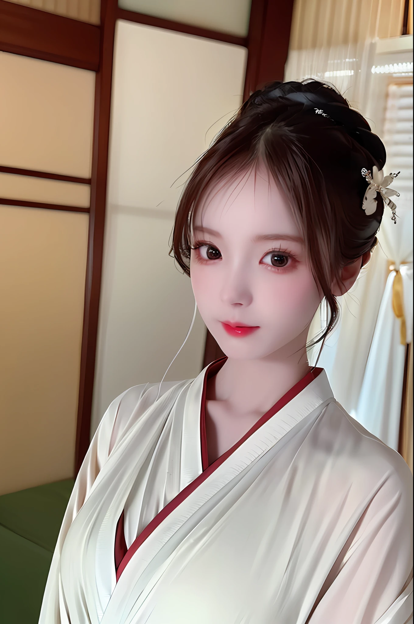 (8k, RAW photo, best quality, highres:1.2), (realistic, photo-realistic:1.5), 1girl, solo, pale skin, pretty face, cute, extremely delicate eyes, cherry heart-shaped lips, upper body, kimono,