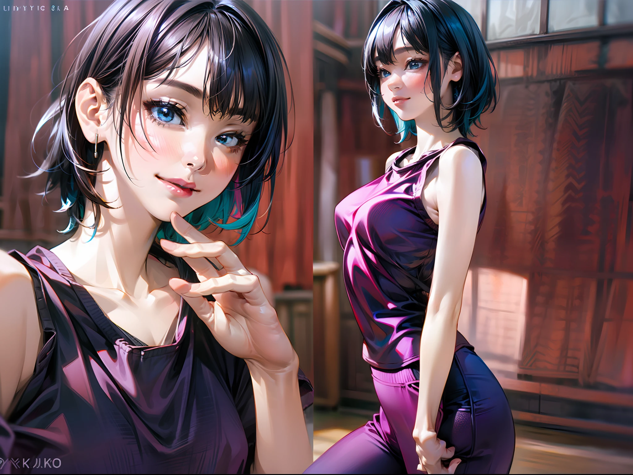 (a masterpiece of)、detaileds、in 8K、((Yoga Poses Photo))、Girl in yoga clothes、short dark hair、Colorful inner hair、Realistic and sharp details、portrait shooting、Super Intricate Details、Ultra-fine details、((Doing yoga indoors))