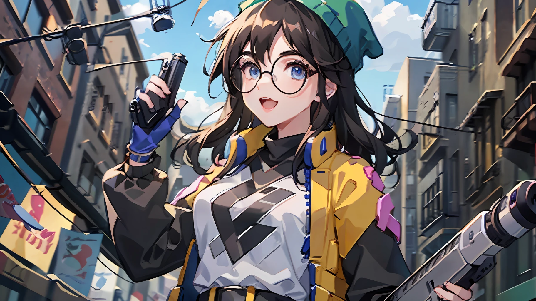masutepiece, Best quality, killjoy, green beanie, Round glasses, Yellow jacket, gray shirt, Belt, Black pants, Upper body, computers, circuitry, Robots, Looking at Viewer, ((beste-Qualit))、((a masterpiece of))、((ultra-definition))、(illustratio)、(Fine light)、(Extremely delicate and beautiful)、(((独奏)))、1 girl in、(((beautiful a girl)))、opened mouth、Tremendous smile、(dark-haired), (Black cat ears), (Ahoge), (absurdly short hair), (Maeby Hair), (Blue eyes)、mideum breasts、fullllbody、Background Battlefield、With a gun、