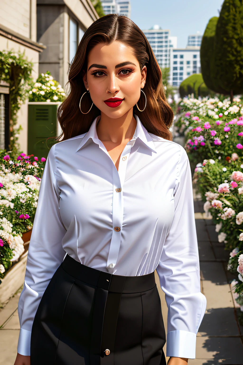 Raw photo of Crisp white button-up shirt with black dress pants, Duchess, Average Height, Fit, Diamond-Shaped Face, Olive Skin, Chestnut Hair, brown Eyes, Short Nose, Full Lips, Receding Chin, Shoulder-Length Hair, Fine Hair, Smooth Waves, large breasts, Hoop earrings, pink matte lipstick, at garden of roses