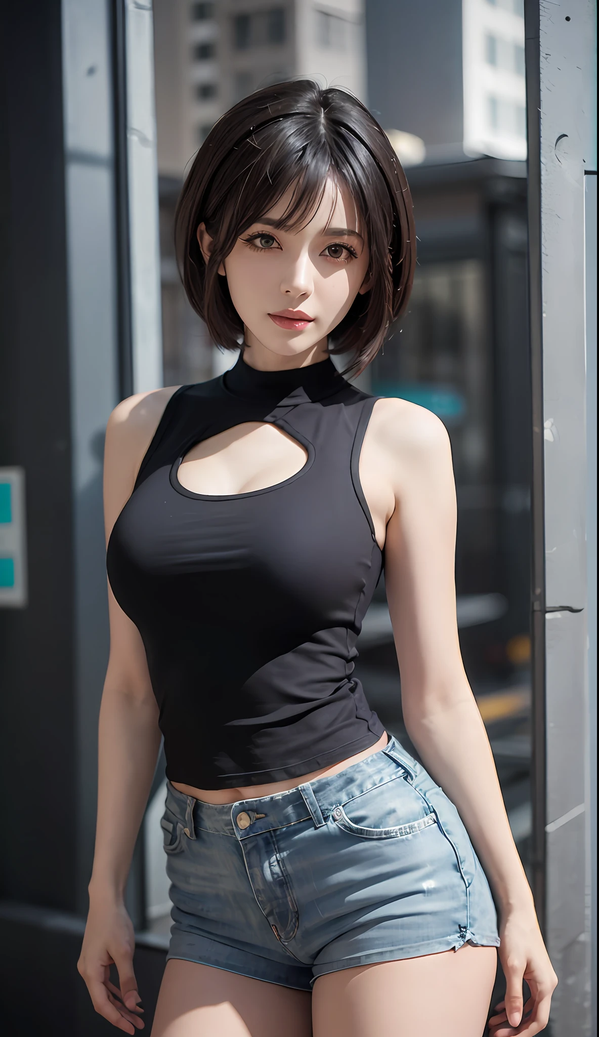 (巨作:1.3), (8K, Photorealistic, OriginalPhoto, Best quality: 1.4)
(1girl huge large breasts,Bustling street posing,)
Beautiful face, (Realistic face:1.3)
Nice hairstyle,(black color hair, Short hair:1.3)
realisticeyes,Nice detail eyes,(Cold eyes:1.2)
Beautiful skins,(Realistic skin)
(thighs thin,Small buttocks,line sleek:1.3),
(White top,1.4)
(White shorts,Tight:1.2)
natural and feminine fingers,absurd res,enticing,Super-High Resolution,Ultra photo realsisim,abundantly detailed,the golden ratio